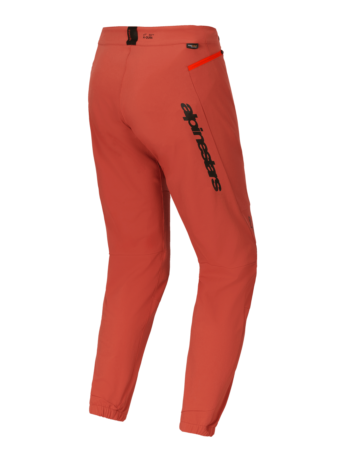 Alpinestars A-Dura Elite Hose, Mountainbike (MTB)-Hose, Dunkelorange, Dreiviertel-Rückansicht mit markantem schwarzem Alpinestars-Branding am Oberschenkel, leuchtend orangefarbenem Reißverschluss-Akzent an der Hüfte und elastischen Knöchelbündchen, technische Performance-Radsportbekleidung