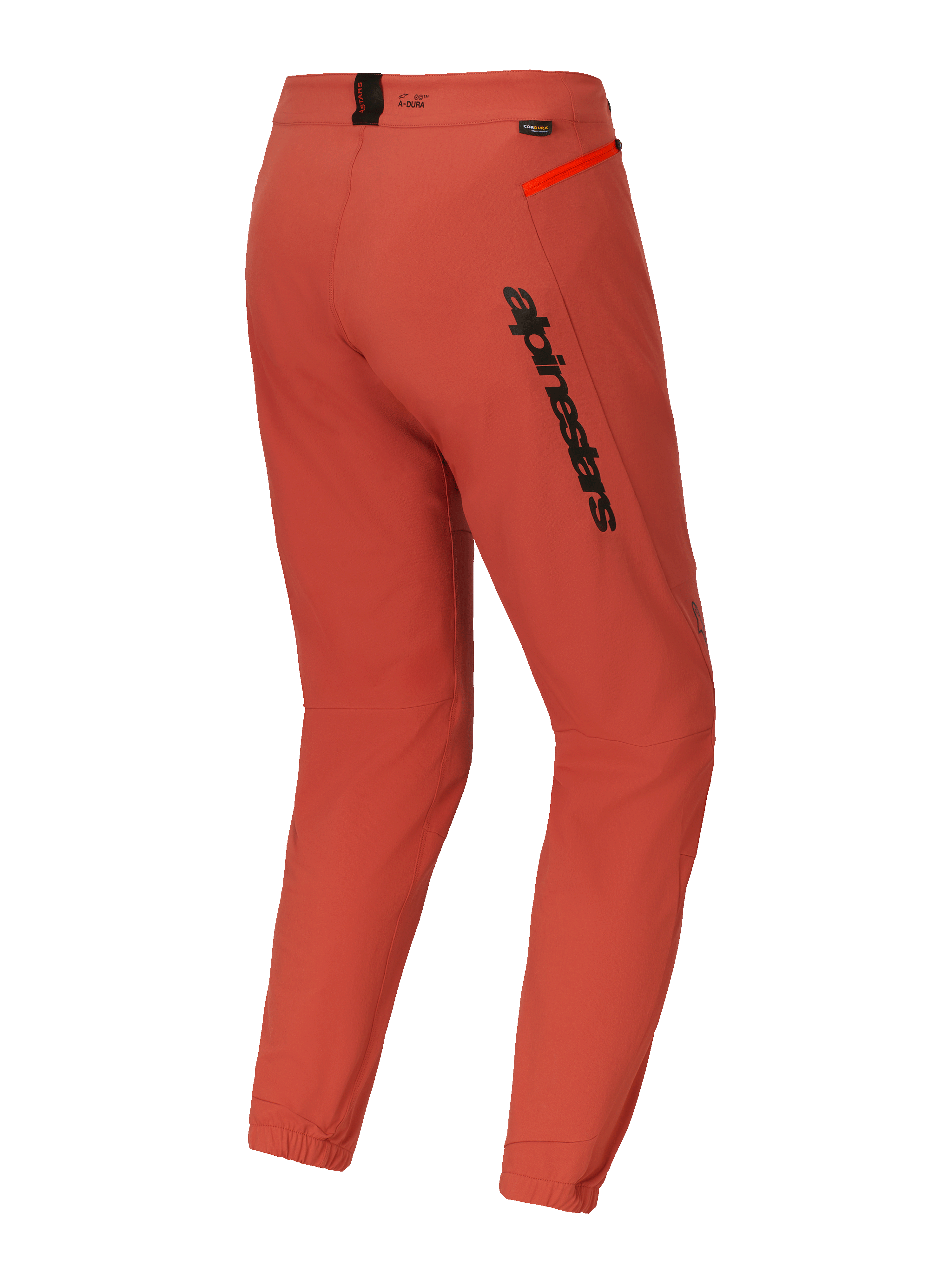 Alpinestars A-Dura Elite Hose, Mountainbike (MTB)-Hose, Dunkelorange, Dreiviertel-Rückansicht mit markantem schwarzem Alpinestars-Branding am Oberschenkel, leuchtend orangefarbenem Reißverschluss-Akzent an der Hüfte und elastischen Knöchelbündchen, technische Performance-Radsportbekleidung