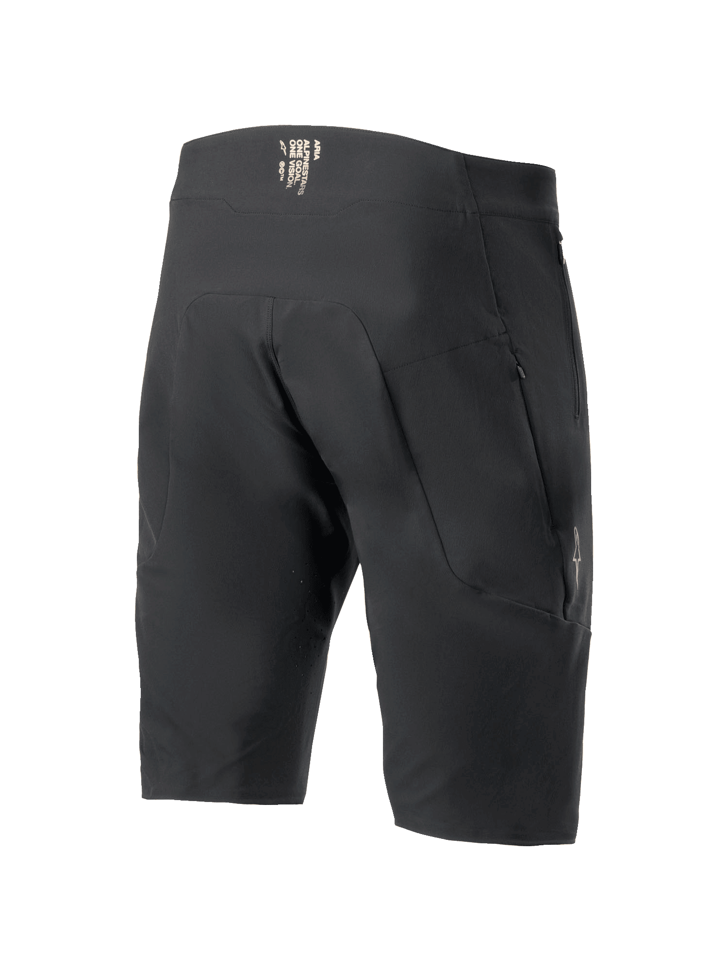 Alpinestars A-Aria Elite Shorts, Mountain Bike Shorts, Black, rear view showing zippered pockets and branding on the waistband, technical performance fit for off-road cycling.