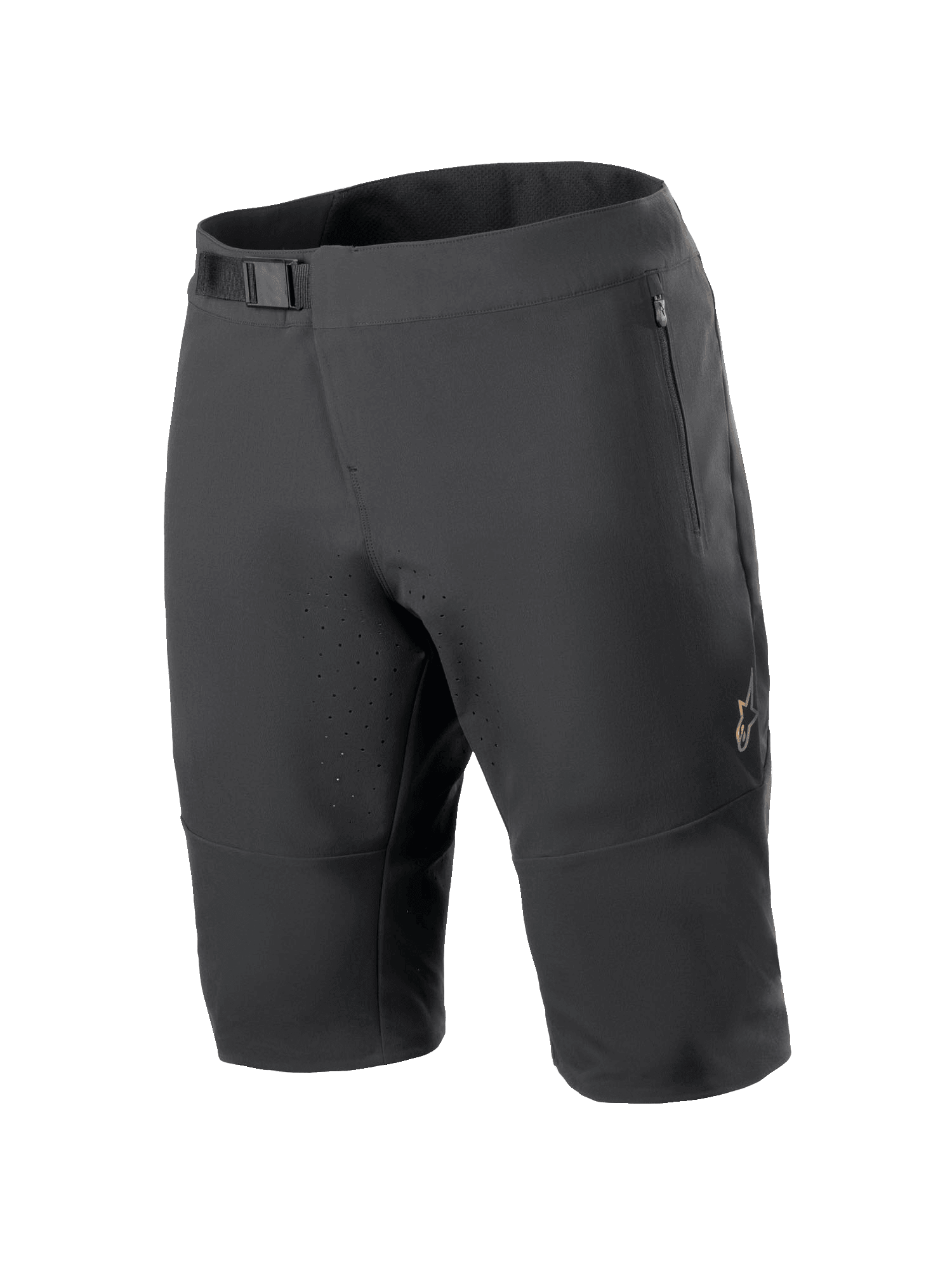 Alpinestars A-Aria Elite Shorts, Mountain Bike Shorts, Black, featuring a magnetic buckle waist closure, zippered pockets, laser-cut ventilation holes, and 4-way stretch fabric for off-road cycling