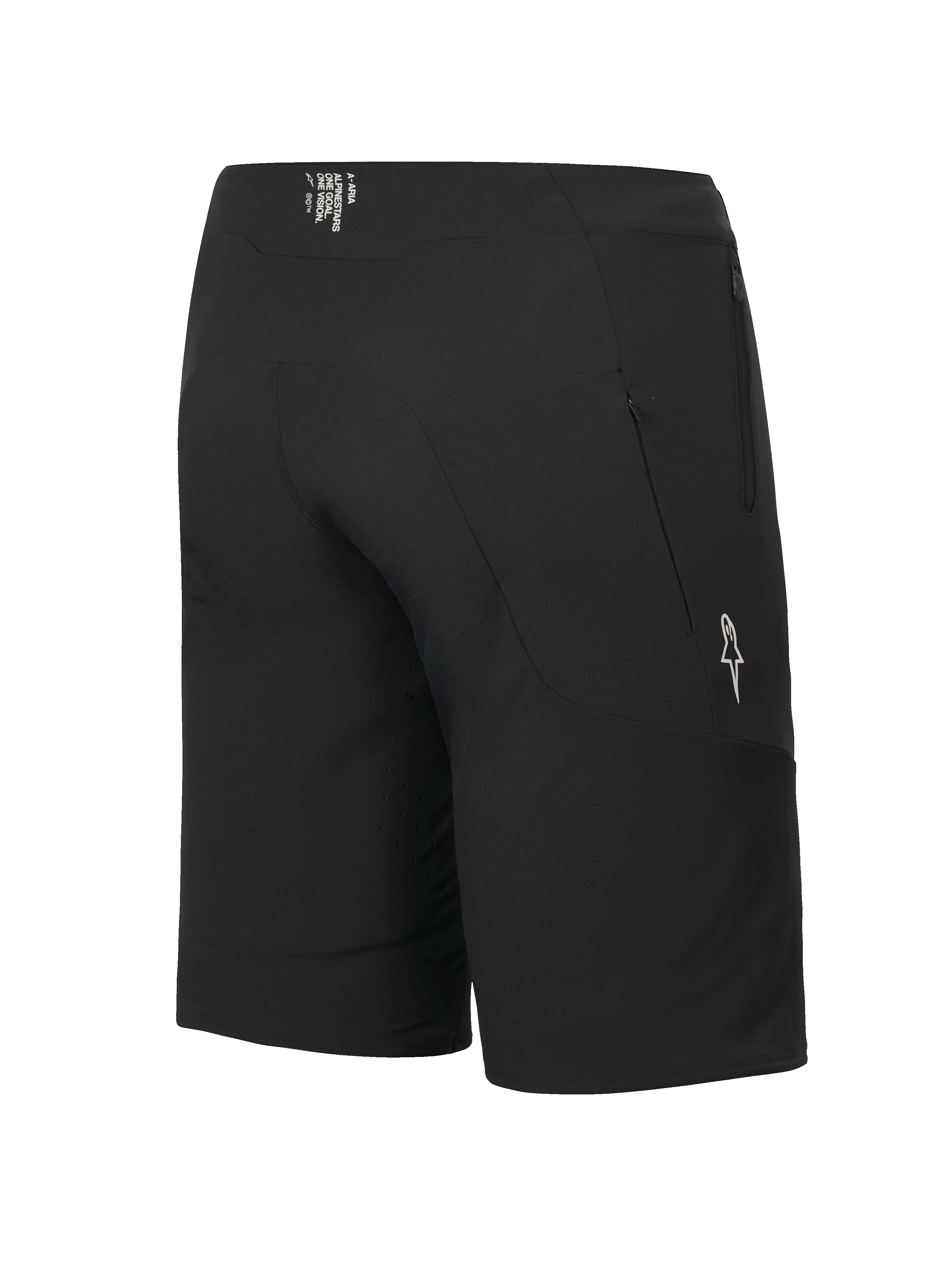 Alpinestars A-Aria Elite Shorts, MTB-Shorts, Black Titanium, Rückansicht von der Seite mit Reißverschlusstasche und weißem Stern-Logo, Performance-Passform für Radsport