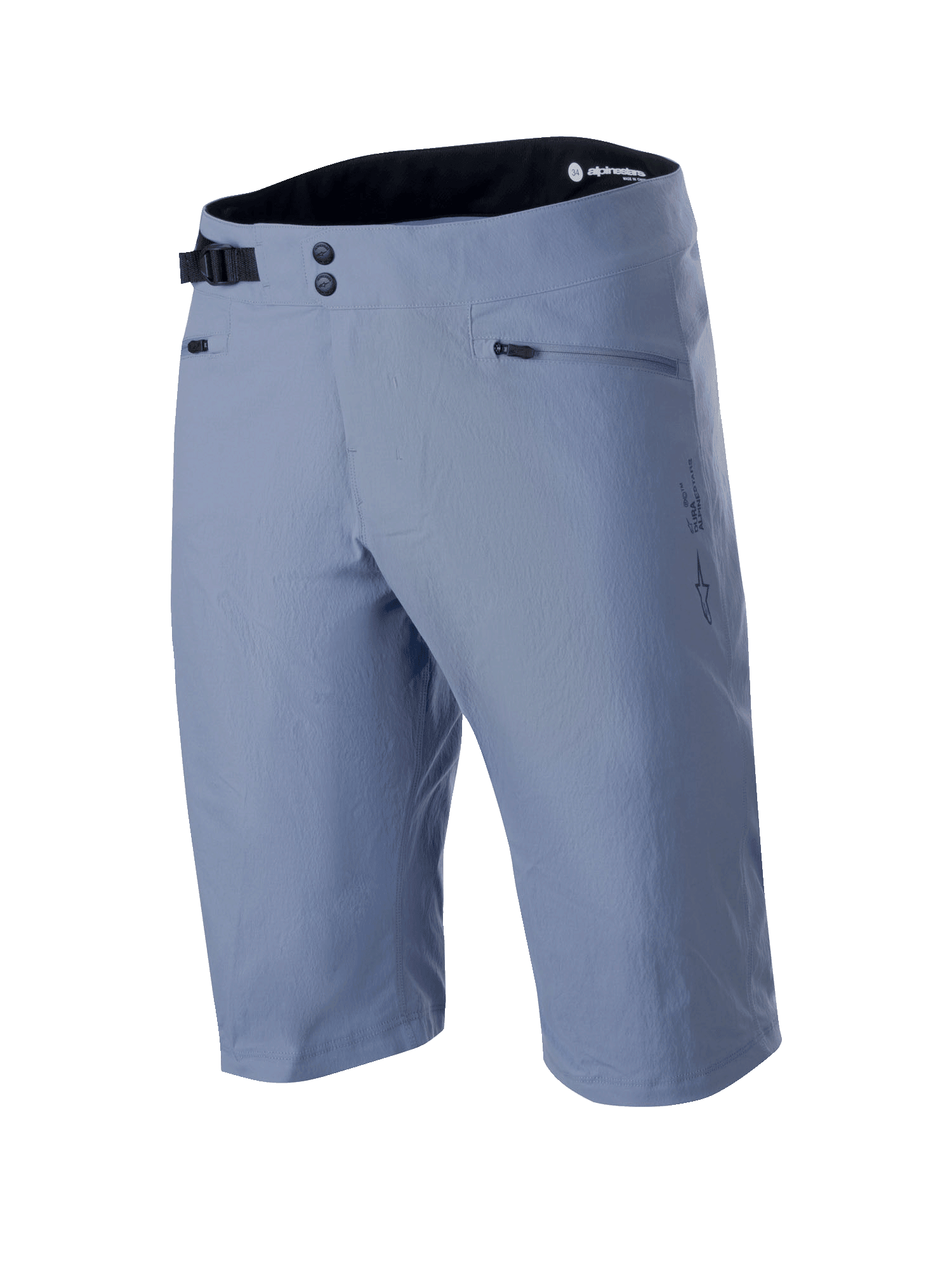 Alpinestars A-Dura Shorts, Mountainbike-Shorts, Infinity Blue, doppelter Druckknopfverschluss, verstellbare schwarze Seitenschnalle, Reißverschlusstaschen, strukturiertes 2-Wege-Stretch-Material, technische MTB-Bekleidung