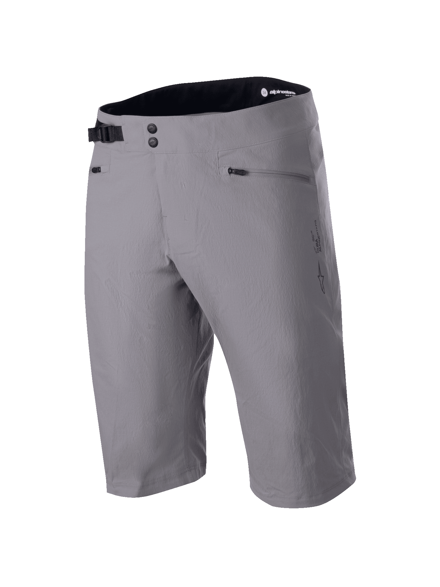 Alpinestars A-Dura Shorts, MTB-Shorts, Dunkelgrau, knielanges Design mit doppeltem Druckknopfverschluss und verstellbarem Seitenzug am Bund, Reißverschlusstaschen, technisches 2-Wege-Stretchmaterial für Mountainbiking