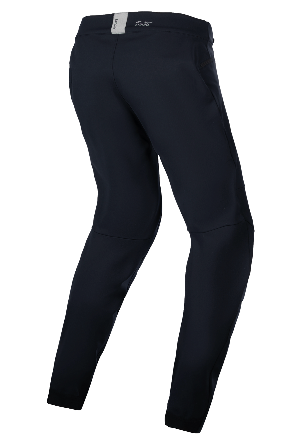 Alpinestars Stella A-Dura Thermohose, MTB-Hose für Damen, Schwarz, technische Outdoor-Ausrüstung für Fahrten bei kaltem Wetter, Dreiviertel-Rückansicht, die die vorgeformte ergonomische Passform und den hinteren Bund mit ASTARS-Branding hervorhebt.