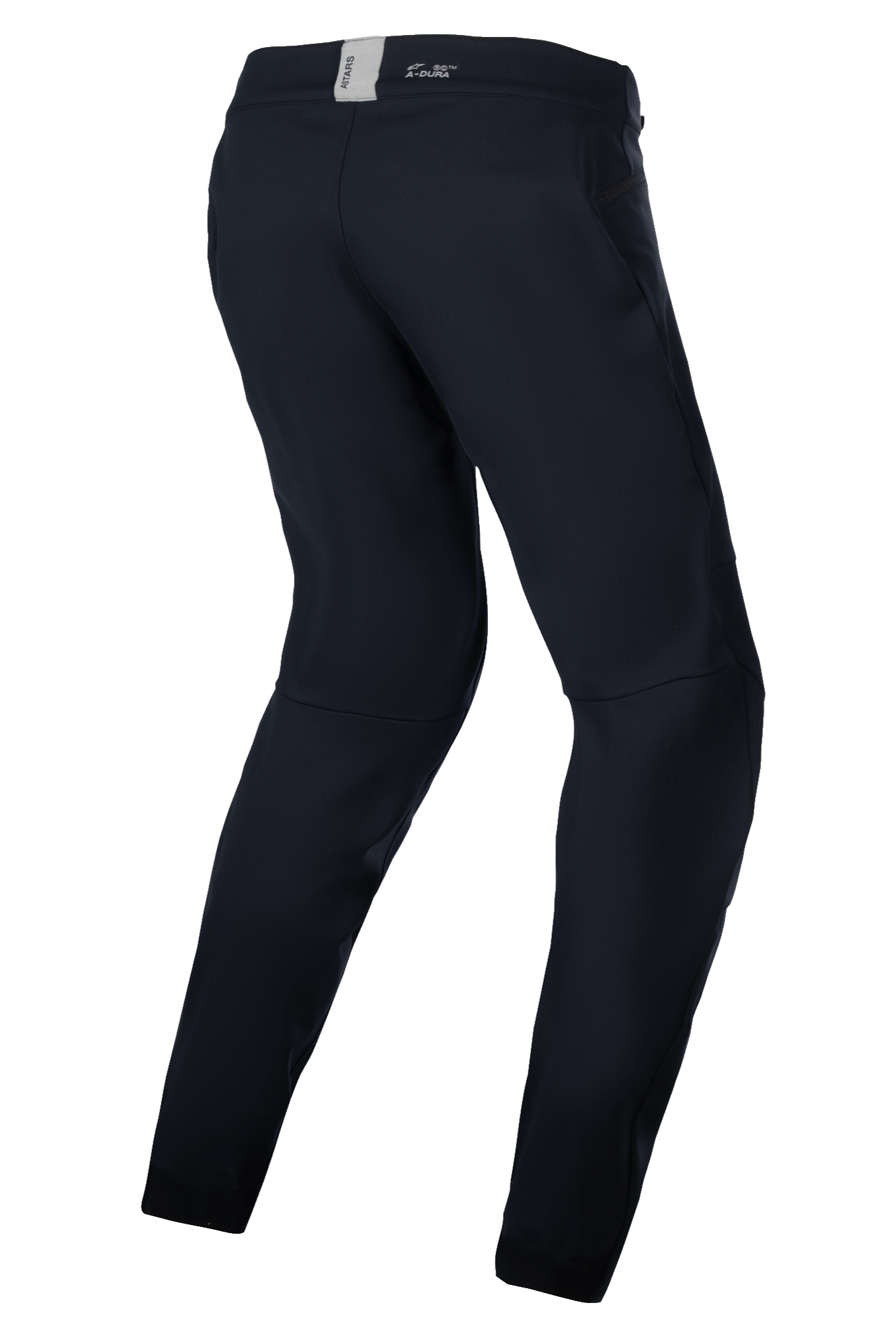 Alpinestars Stella A-Dura Thermohose, MTB-Hose für Damen, Schwarz, technische Outdoor-Ausrüstung für Fahrten bei kaltem Wetter, Dreiviertel-Rückansicht, die die vorgeformte ergonomische Passform und den hinteren Bund mit ASTARS-Branding hervorhebt.