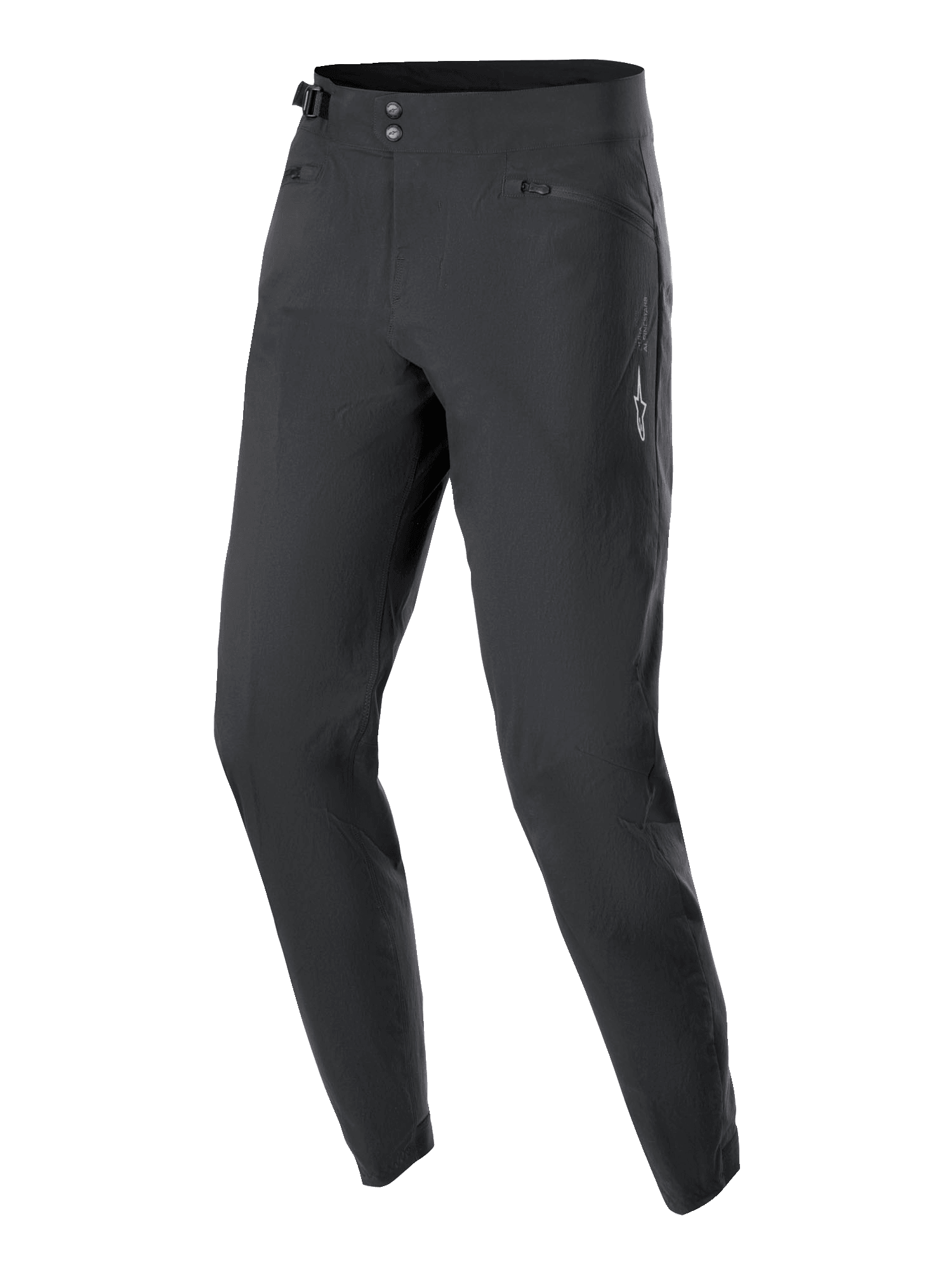 Alpinestars Damen Stella A-Dura Hose, MTB-Fahrradhose, Schwarz, mit doppeltem Druckknopfverschluss vorne, verstellbarem seitlichem Taillenversteller und Reißverschlusstaschen, minimalistisches Design mit kleinem weißen Stern-Logo, strapazierfähiges 2-Wege-Stretch-Gewebe für Offroad-Fahrten