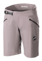 Alpinestars Women's Stella Drop Algorithm Shorts, MTB Mountain Biking Shorts, Sparrow Gray, featuring black ratchet waistband closure, zippered front pockets, laser-perforated ventilation holes, and circular logo emblem, performance cycling gear