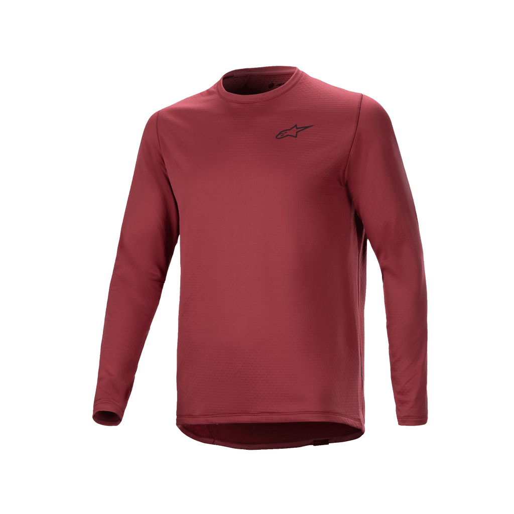 Alpinestars A-Dura Thermal Jersey, Langarm-Radsport-Trikot, Burgunderrot, texturiertes isoliertes Material mit kleinem schwarzem Stern-Logo auf der Brust, verlängertes Rückenteil für MTB-Fahrten.