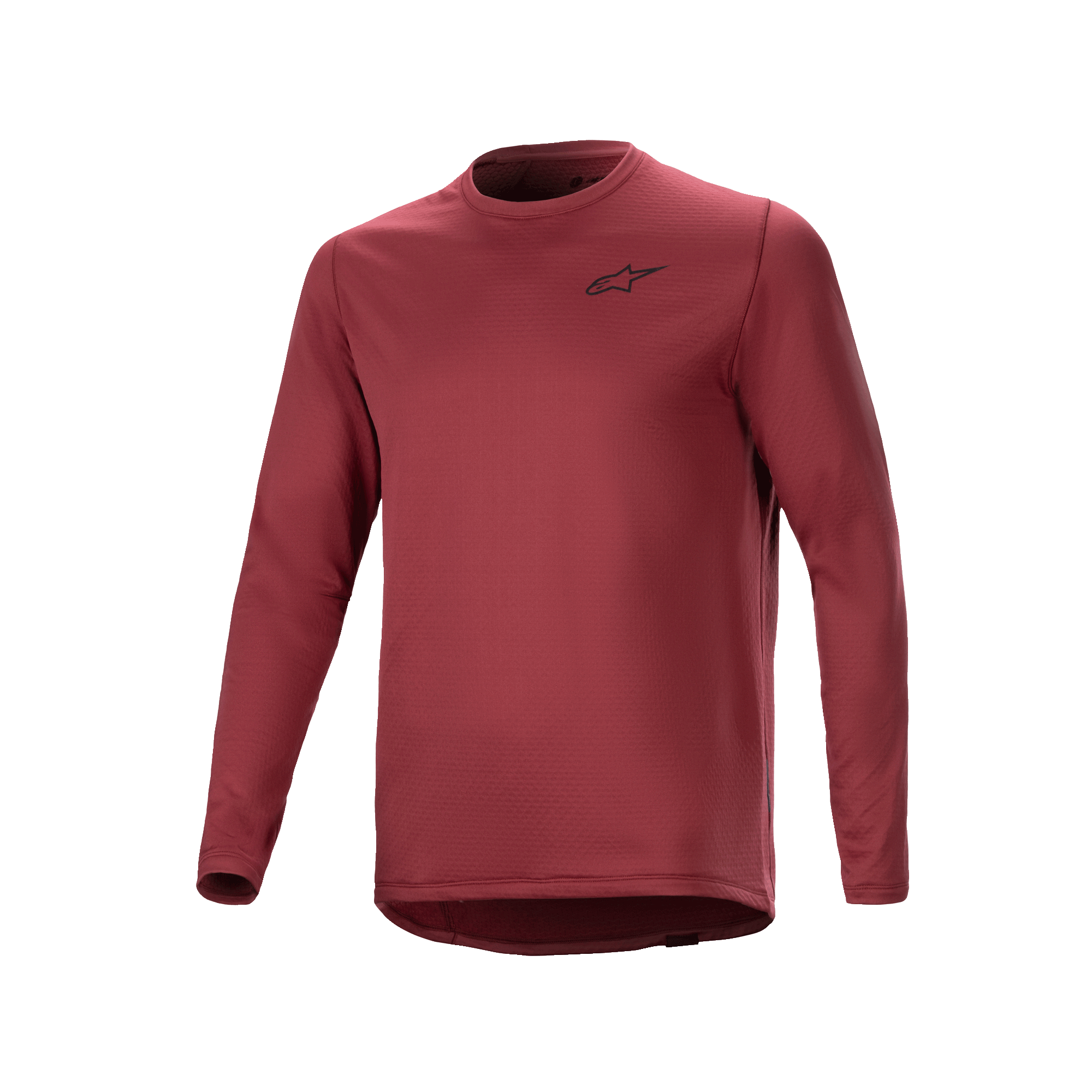 Alpinestars A-Dura Thermal Jersey, Langarm-Radsport-Trikot, Burgunderrot, texturiertes isoliertes Material mit kleinem schwarzem Stern-Logo auf der Brust, verlängertes Rückenteil für MTB-Fahrten.