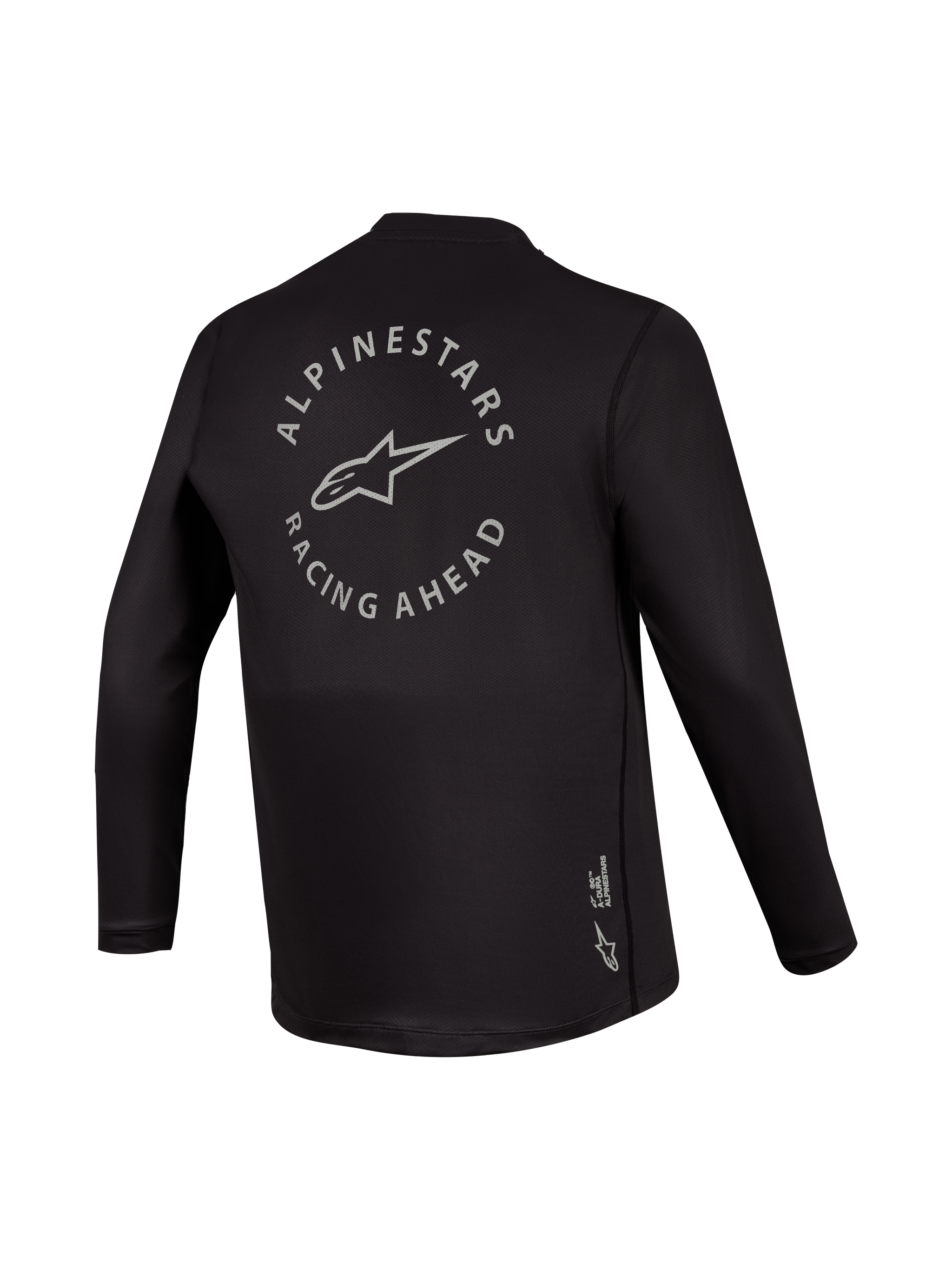 Black A-Dura Air Long Sleeve Jersey back view with grey Racing Ahead circular graphic, breathable performance MTB gear.