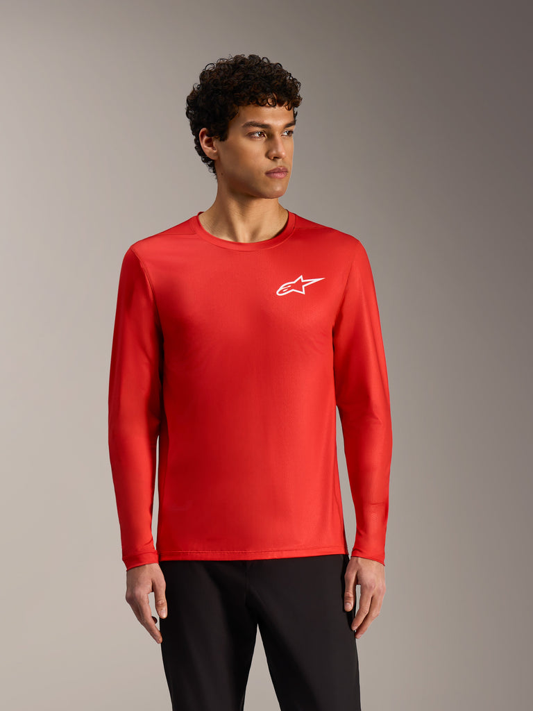 Red A-Dura Air Long Sleeve Jersey with a white chest logo, featuring a lightweight mesh construction for MTB performance.