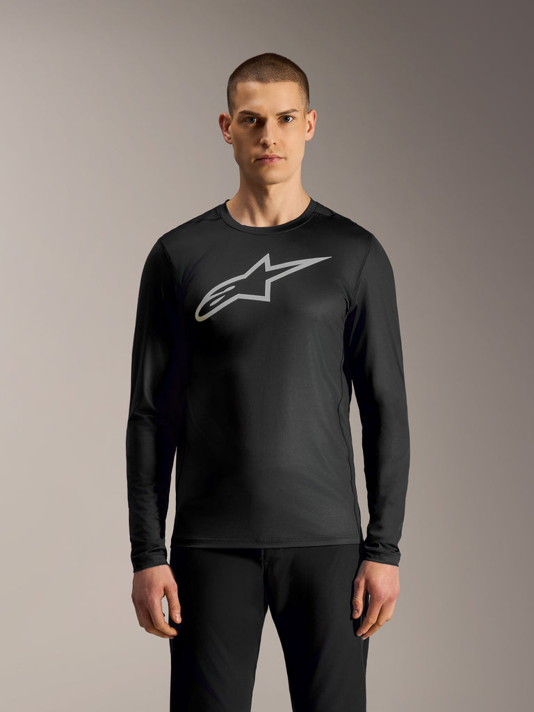 Black A-Dura Ride Long Sleeve Jersey featuring a silver Astars logo, performance mountain bike apparel.