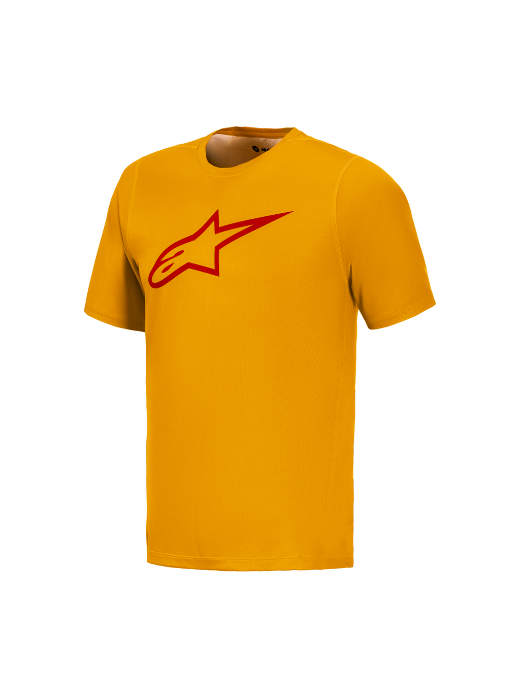 Oranges A-Dura Ride Kurzarmtrikot mit rotem Astars-Logo auf der Brust, Hochleistungs-MTB-Bekleidung von Alpinestars