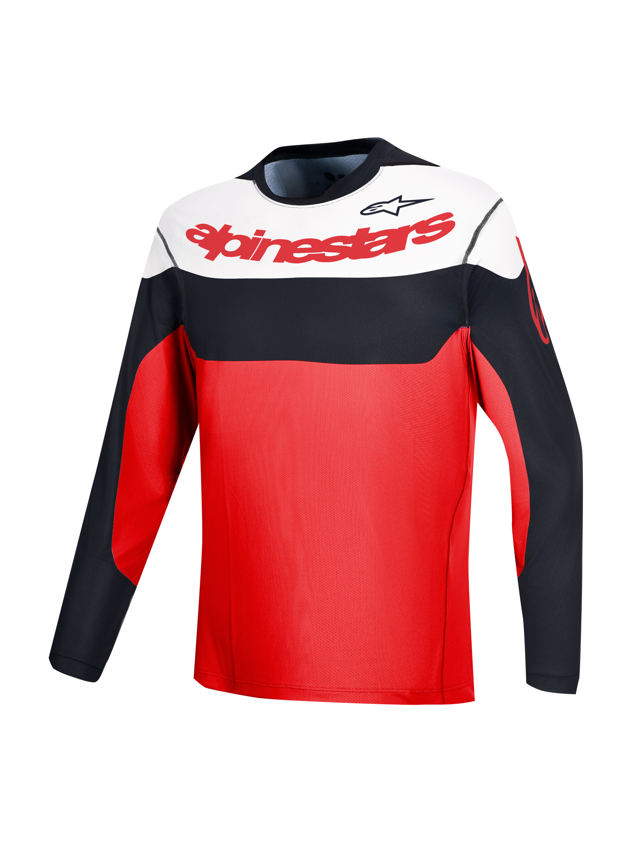 Rotes A-Dura Race Langarmtrikot mit Alpinestars-Branding und schwarz-weißem Color-Blocking für MTB-Performance.