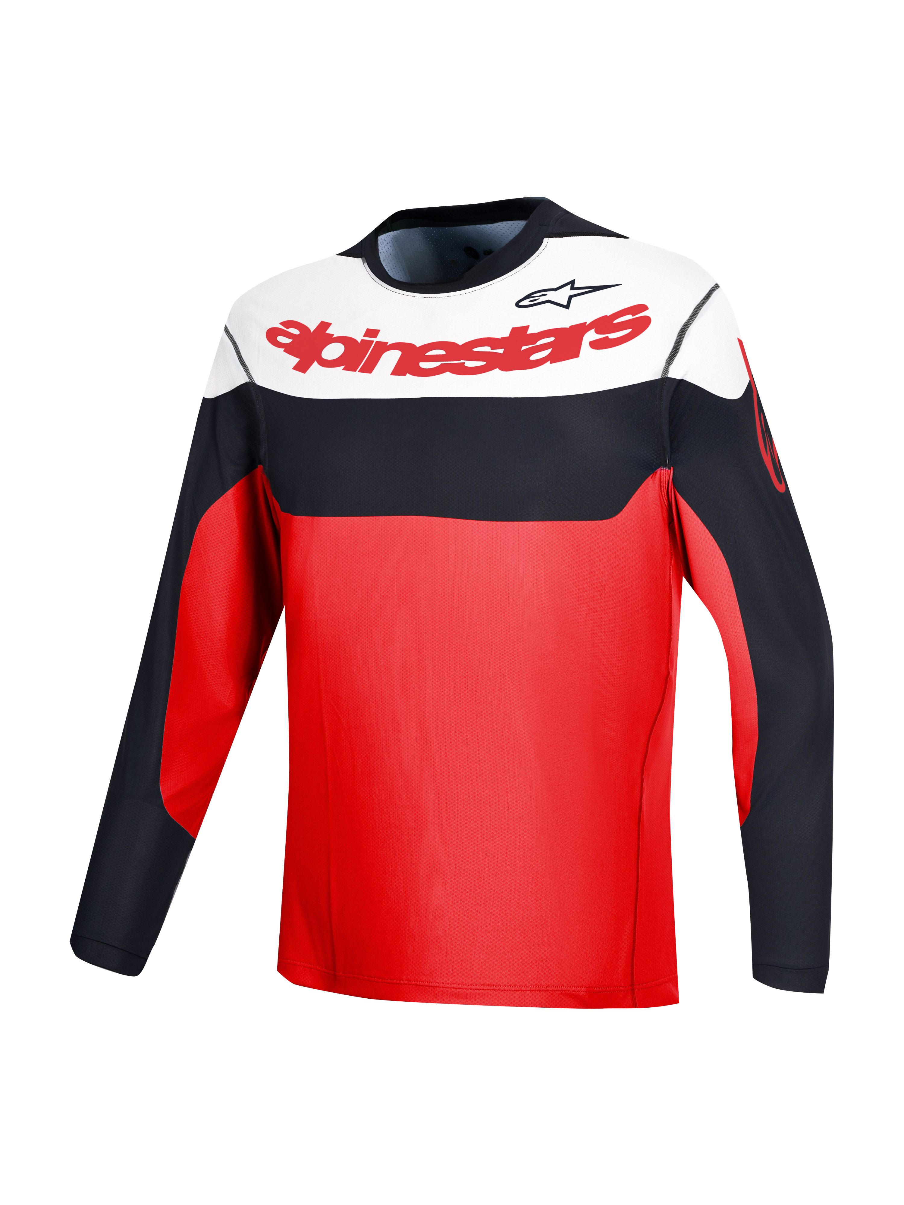 Rotes A-Dura Race Langarmtrikot mit Alpinestars-Branding und schwarz-weißem Color-Blocking für MTB-Performance.