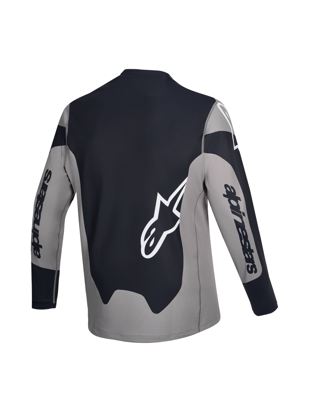Alpinestars A-Dura Race Trikot, Langarm-MTB-Radtrikot, Rückansicht, Grau und Schwarz mit weißer Logo-Grafik, leichtes Stretchmaterial mit verlängertem Saum.