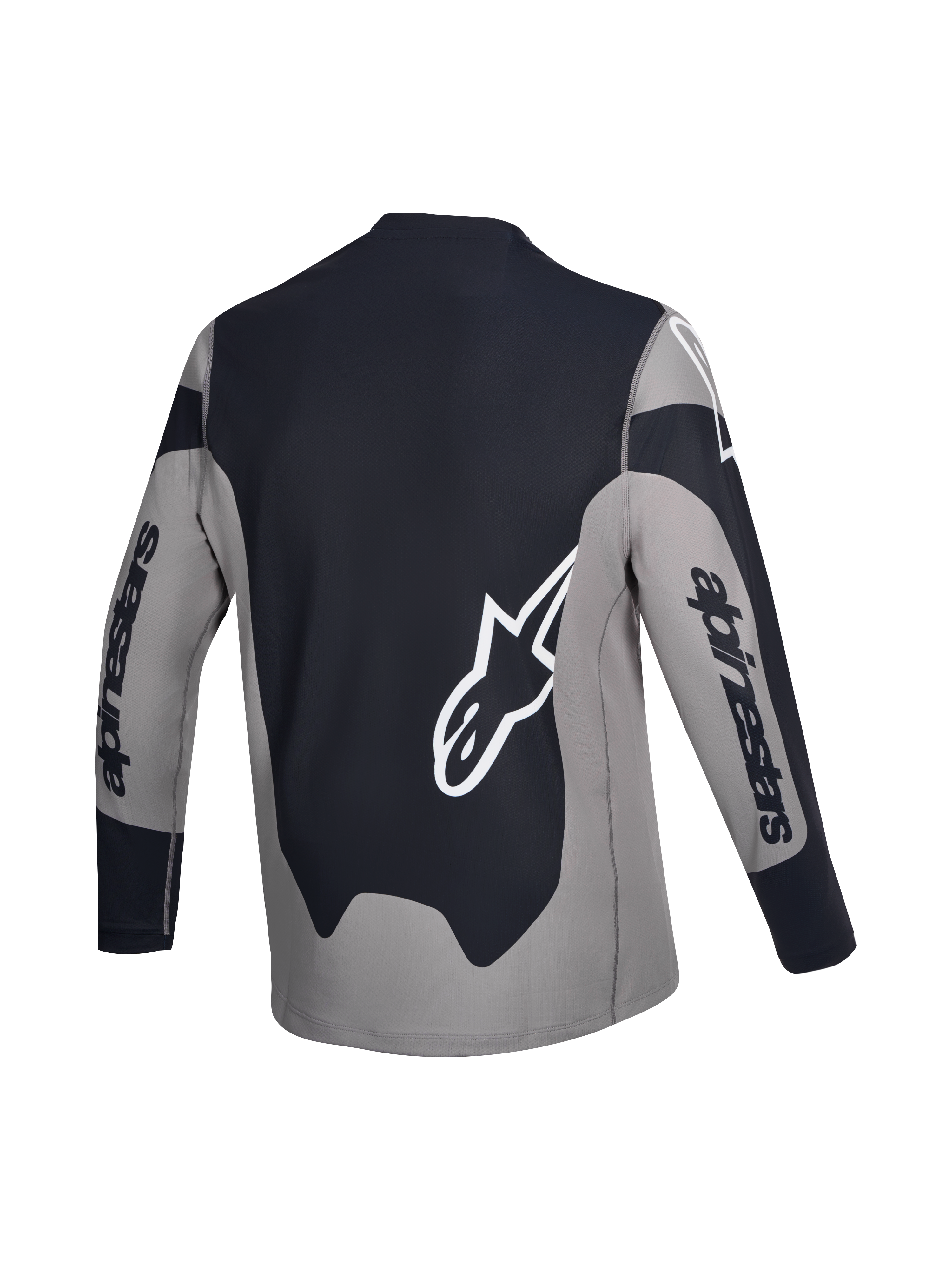 Alpinestars A-Dura Race Trikot, Langarm-MTB-Radtrikot, Rückansicht, Grau und Schwarz mit weißer Logo-Grafik, leichtes Stretchmaterial mit verlängertem Saum.