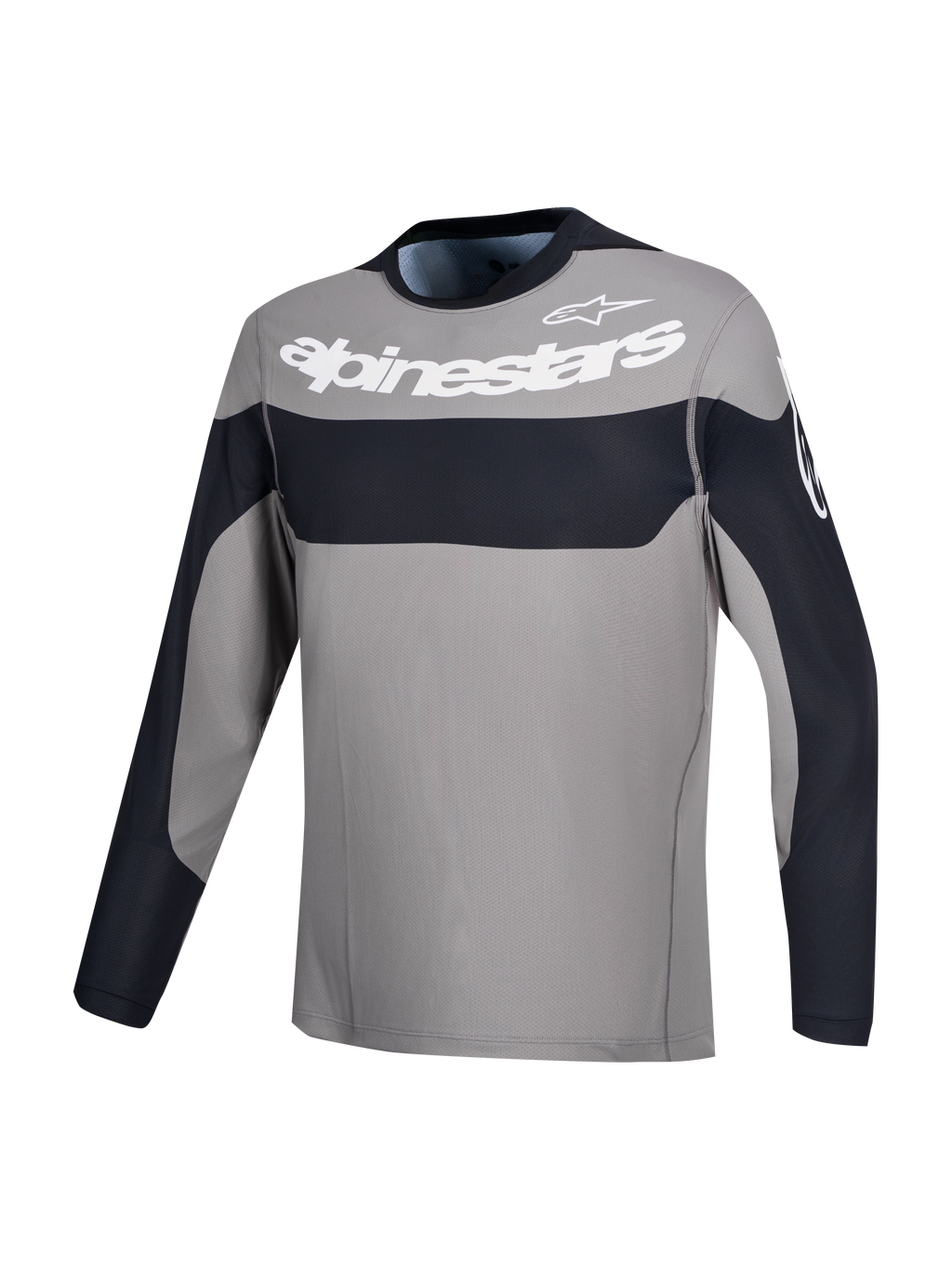 Alpinestars A-Dura Race Trikot, Langarm-Mountainbike-Trikot in Grau und Schwarz mit weißem Alpinestars-Logo auf der Brust.