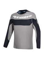 Alpinestars A-Dura Race Trikot, Langarm-Mountainbike-Trikot in Grau und Schwarz mit weißem Alpinestars-Logo auf der Brust.