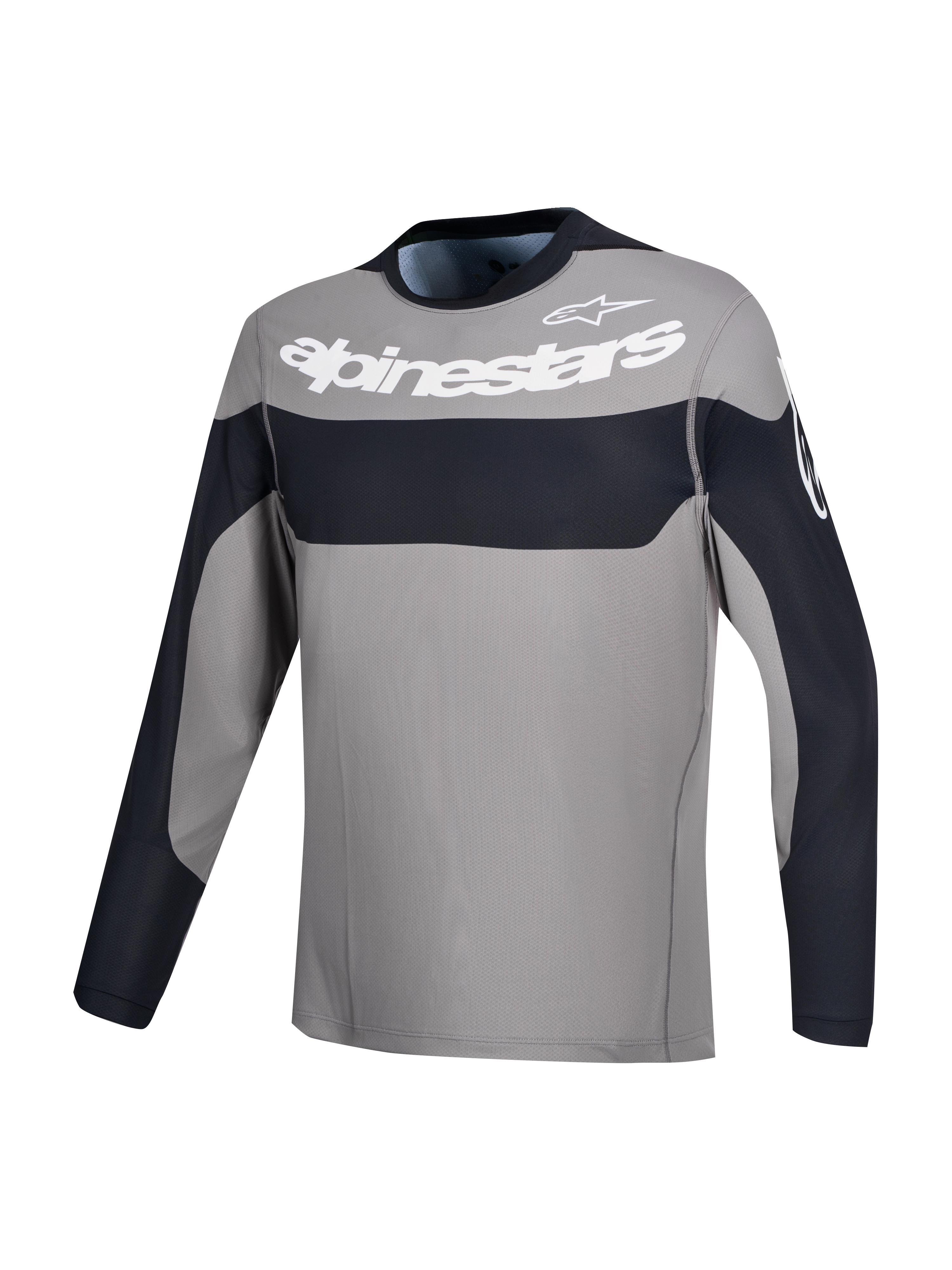 Alpinestars A-Dura Race Trikot, Langarm-Mountainbike-Trikot in Grau und Schwarz mit weißem Alpinestars-Logo auf der Brust.