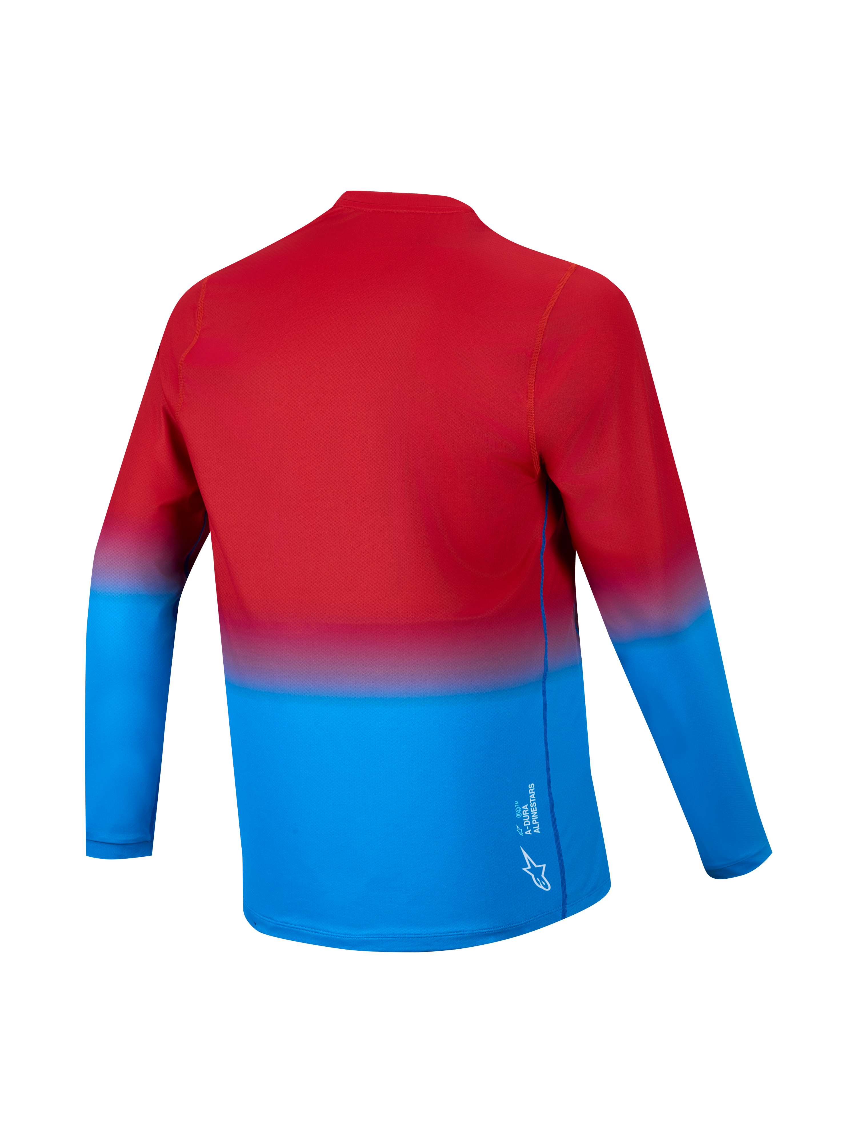 A-Dura ASTARS 2.0 Long Sleeve Jersey in red and blue gradient, back view showing drop tail and performance fabric.