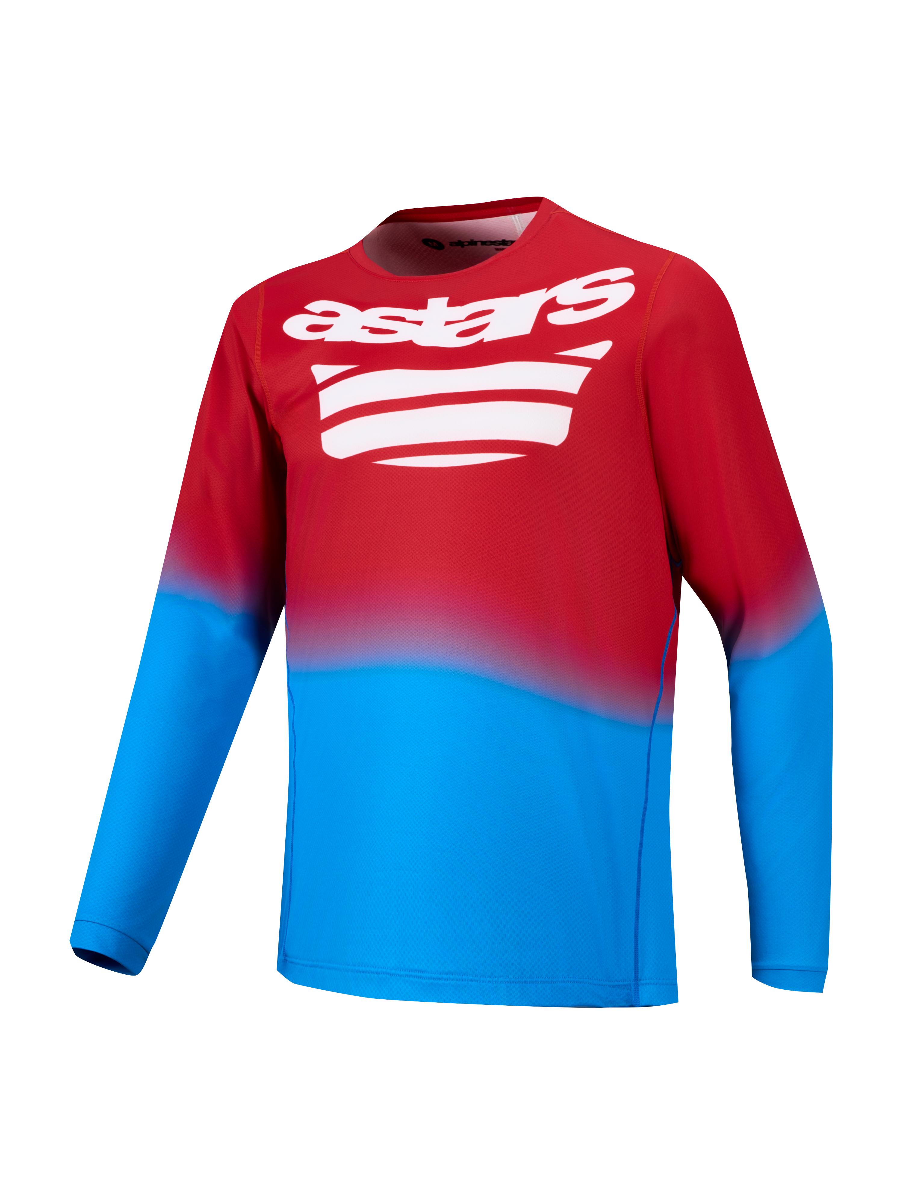 Bright red and blue A-Dura ASTARS 2.0 long sleeve MTB jersey featuring a white graphic logo on the chest.