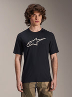 Alpinestars A-Dura Astar Jersey, Short Sleeve MTB Jersey, Black with white star logo, worn with camouflage pants, casual mountain biking apparel, technical moisture-wicking fabric
