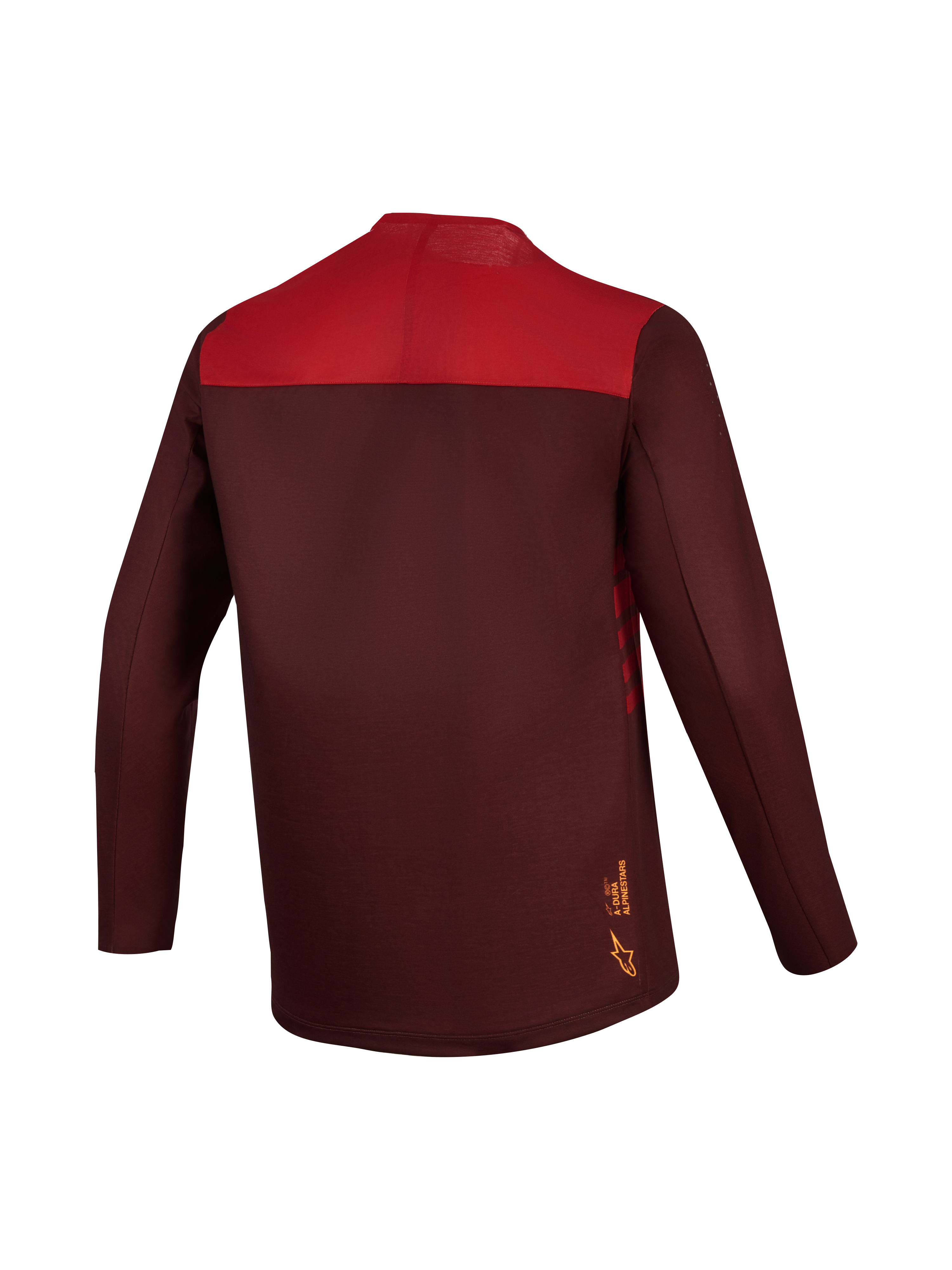 A-Dura Elite Trikot 2.0 in Bordeaux und Rot, langärmeliges MTB-Jersey mit Color-Blocking-Rücken und verlängertem Saum.
