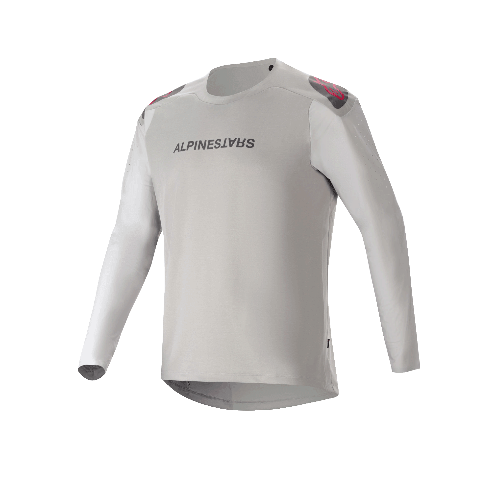 Alpinestars A-Aria Polartec Switch Jersey - Long Sleeve, Light Gray mountain bike jersey with black chest branding, red and black shoulder accents, and laser-perforated sleeves for ventilation