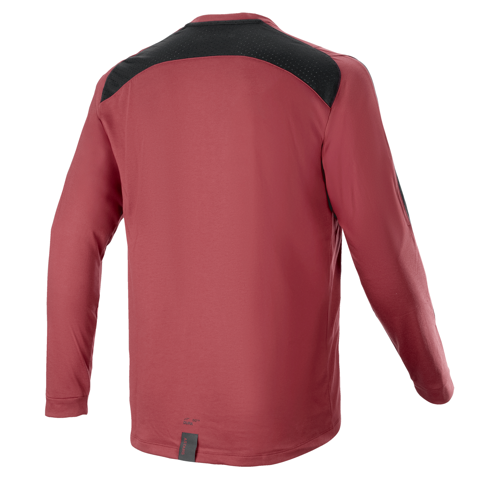 Alpinestars A-Dura Dri Astar Long Sleeve Jersey, Burgundy, Mountain Bike Jersey, back view with black mesh ventilation panel on shoulders, long sleeves, performance technical fabric for off-road cycling