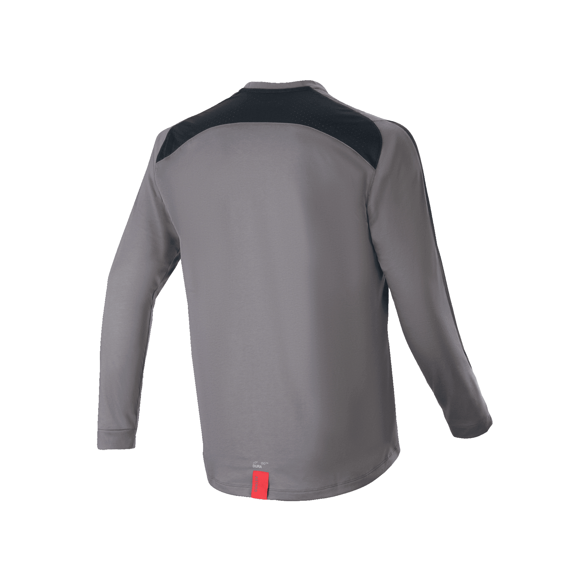 Alpinestars A-Dura Dri Astar Long Sleeve Jersey, Dark Gray, back view featuring black mesh ventilation panels across the shoulders and a small red tag at the hem, technical mountain bike apparel