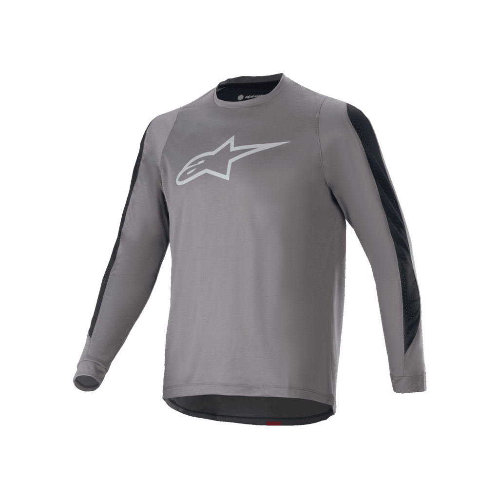 Alpinestars A-Dura Dri Astar Long Sleeve Jersey, Dark Gray with white Astars logo on the chest, black mesh ventilation panels on sleeves, performance cycling gear for MTB