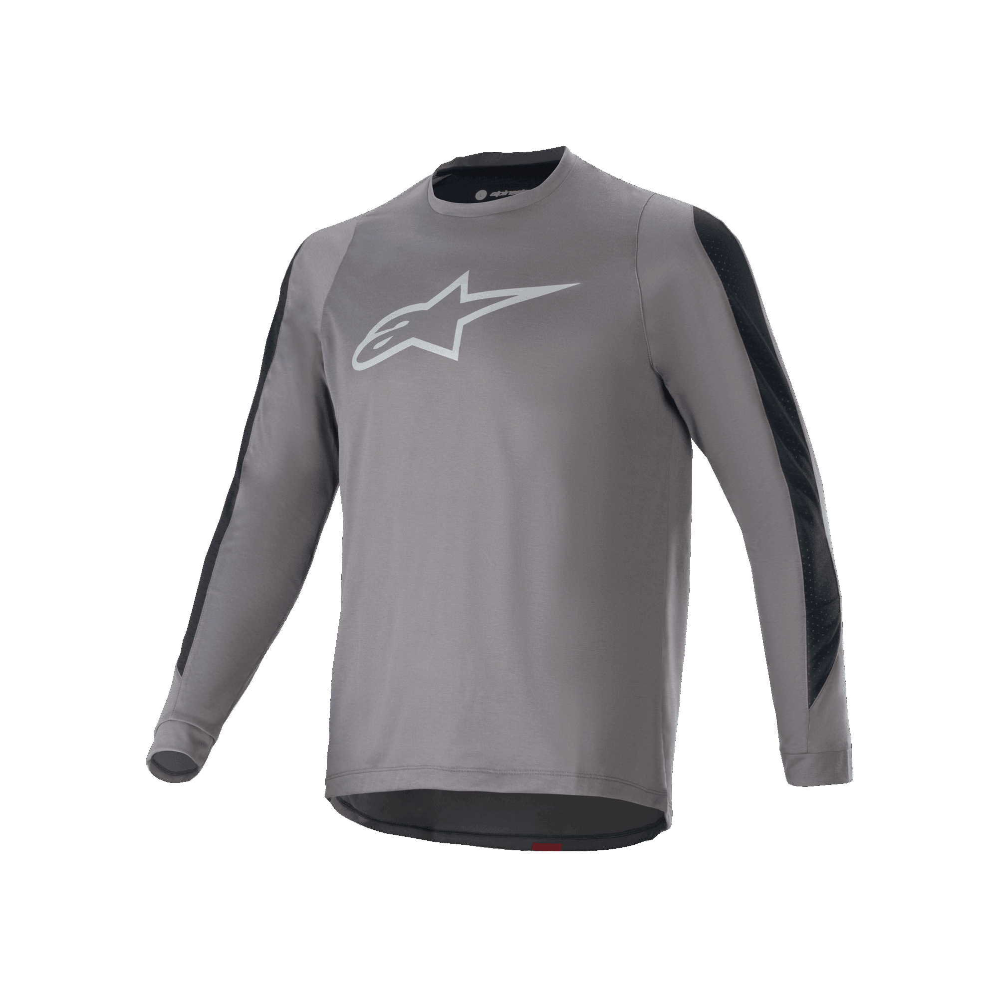 Alpinestars A-Dura Dri Astar Long Sleeve Jersey, Dark Gray with white Astars logo on the chest, black mesh ventilation panels on sleeves, performance cycling gear for MTB