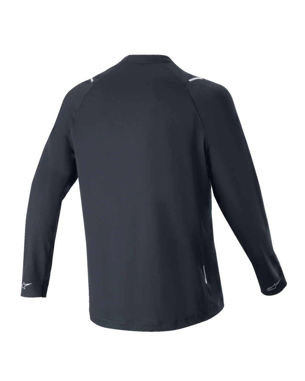 Alpinestars A-Aria Switch Langarmtrikot, Schwarz, Rückansicht, leichtes und atmungsaktives Polyestergewebe, mit längerem abfallendem Saum für zusätzliche Abdeckung und reflektierenden Alpinestars-Logos an den Ärmelbündchen, Performance-Passform für das Mountainbiken