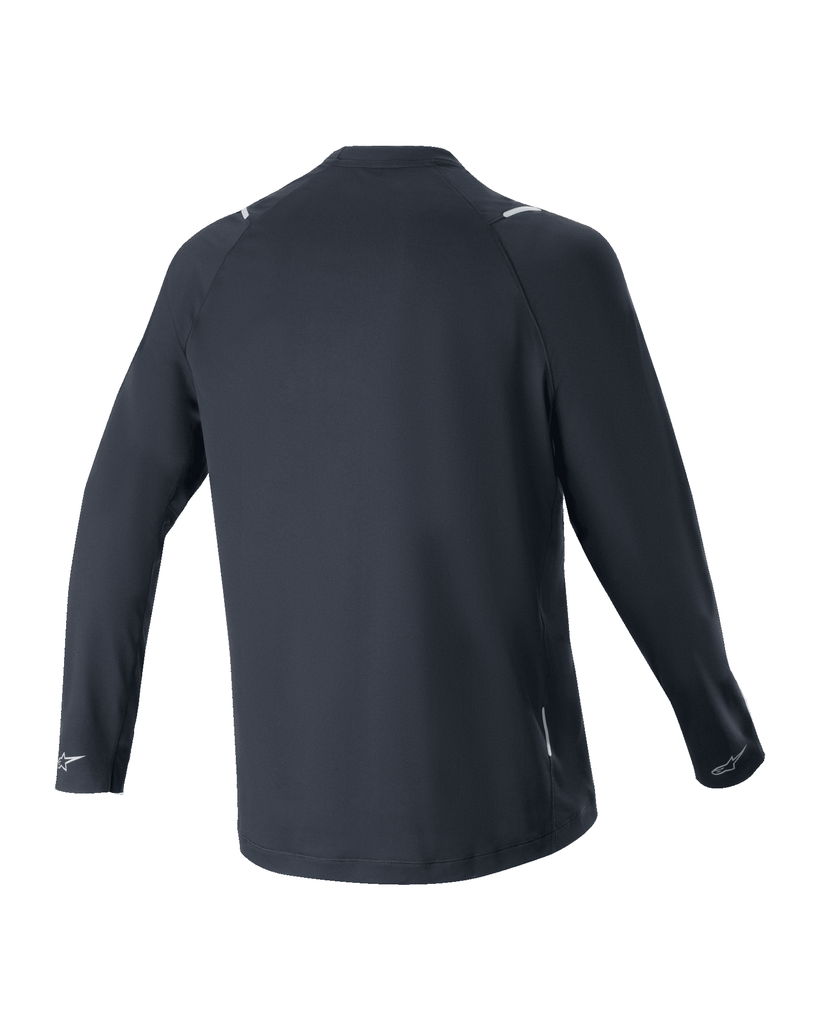 Alpinestars A-Aria Switch Langarmtrikot, Schwarz, Rückansicht, leichtes und atmungsaktives Polyestergewebe, mit längerem abfallendem Saum für zusätzliche Abdeckung und reflektierenden Alpinestars-Logos an den Ärmelbündchen, Performance-Passform für das Mountainbiken