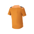 Alpinestars A-Aria Polartec Switch Jersey, Short Sleeve MTB Jersey, Dark Gold, Rear view with black shoulder logos and longer drop tail, performance mountain bike apparel