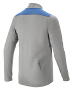 Alpinestars Nevada Long Sleeve Jersey, back view, Melange Gray with Mid Blue shoulder panel, featuring a zippered rear pocket and elongated drop tail, mountain bike performance wear