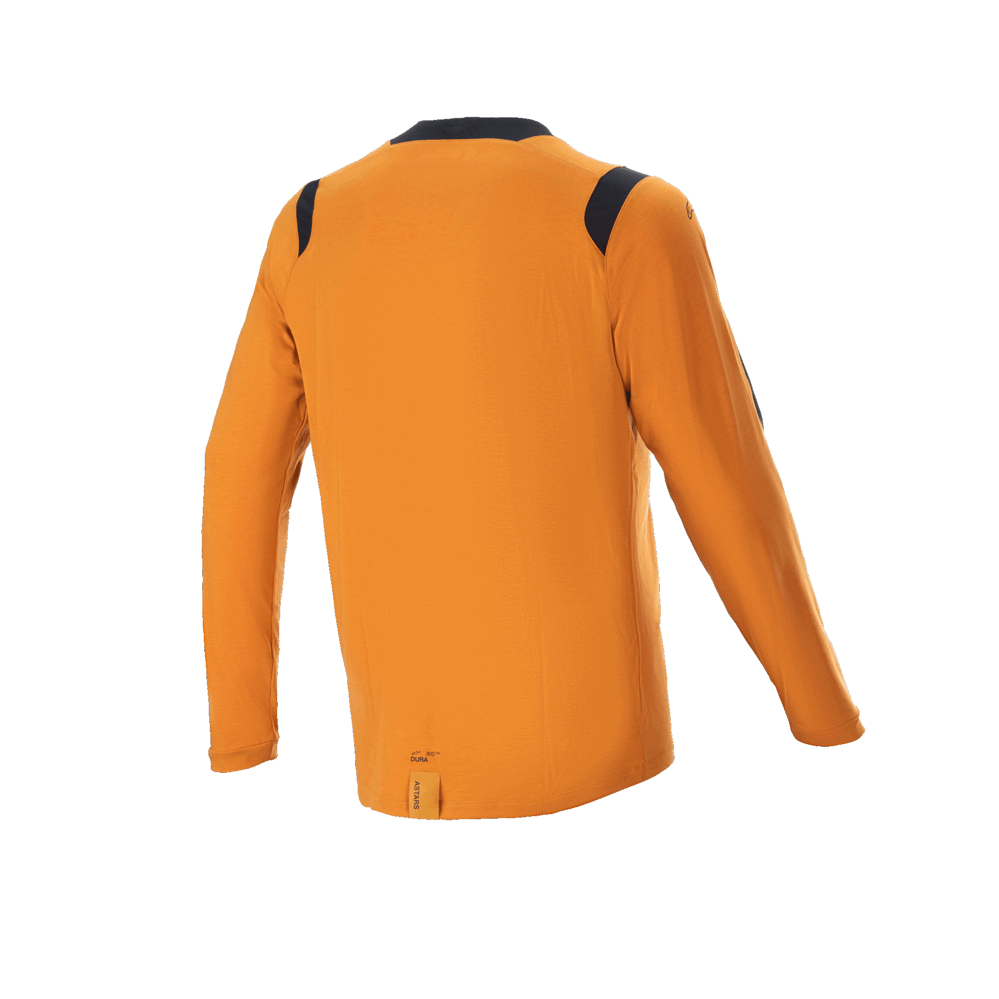 Alpinestars A-Dura Dri Wool Long Sleeve Jersey, Dark Gold, back view featuring black mesh panels on the shoulders and collar, technical mountain bike apparel with a longer drop tail