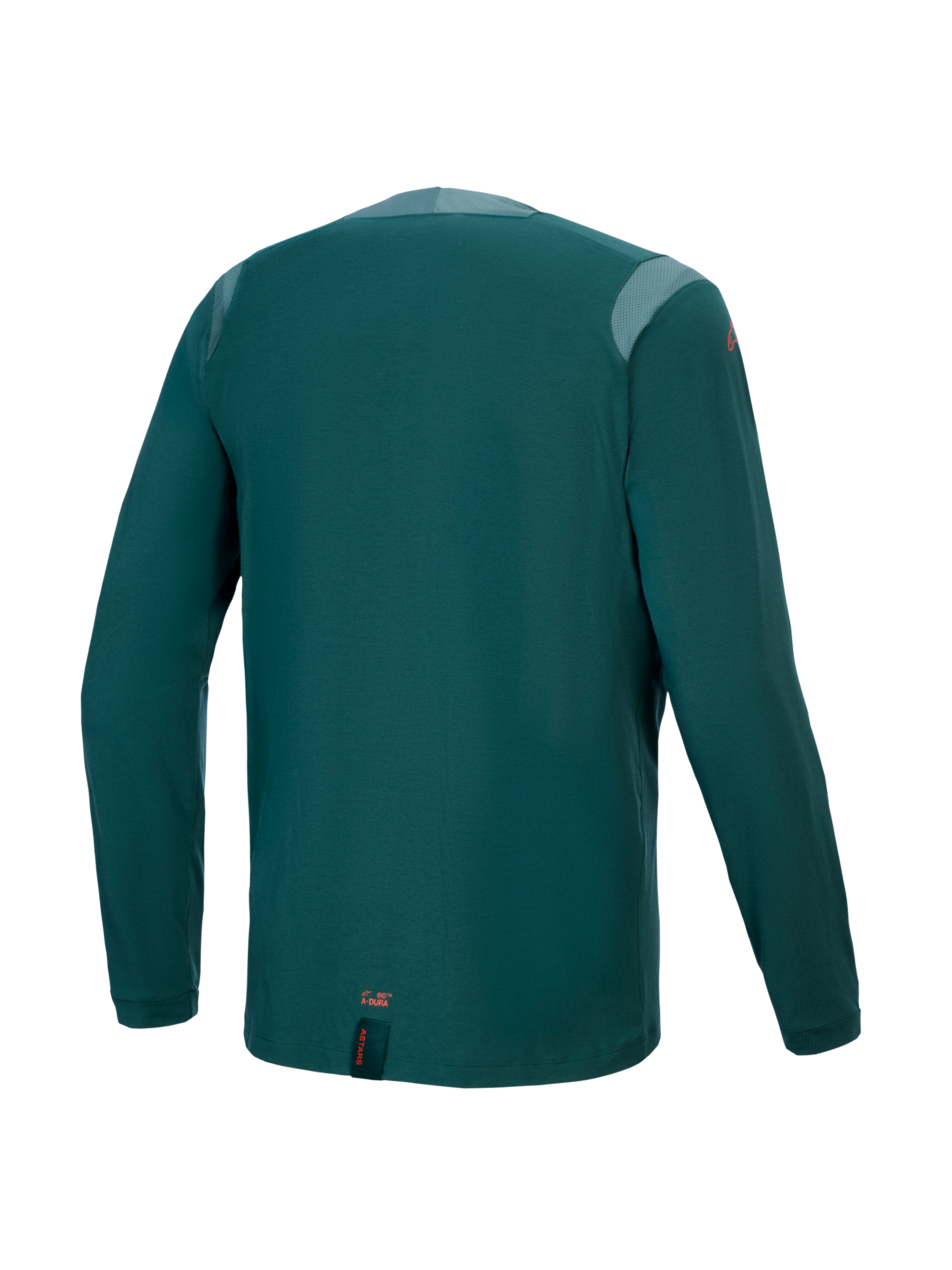 Alpinestars A-Dura Dri Wool Jersey - Long Sleeve, Dark Pine, back view featuring mesh panels on the shoulders and collar, technical wool-blend fabric, dropped tail for MTB coverage, small orange branding at the lower hem