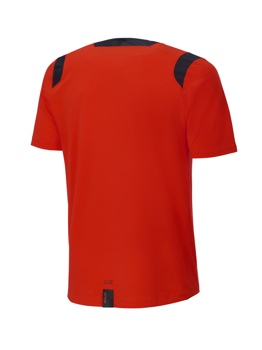 Alpinestars A-Dura Dri Wool Kurzarmtrikot, Spicy Orange, Rückansicht, mit schwarzen Mesh-Einsätzen an den Schultern und am Kragen, verlängerte Rückenpartie für zusätzliche Abdeckung beim Trailriding