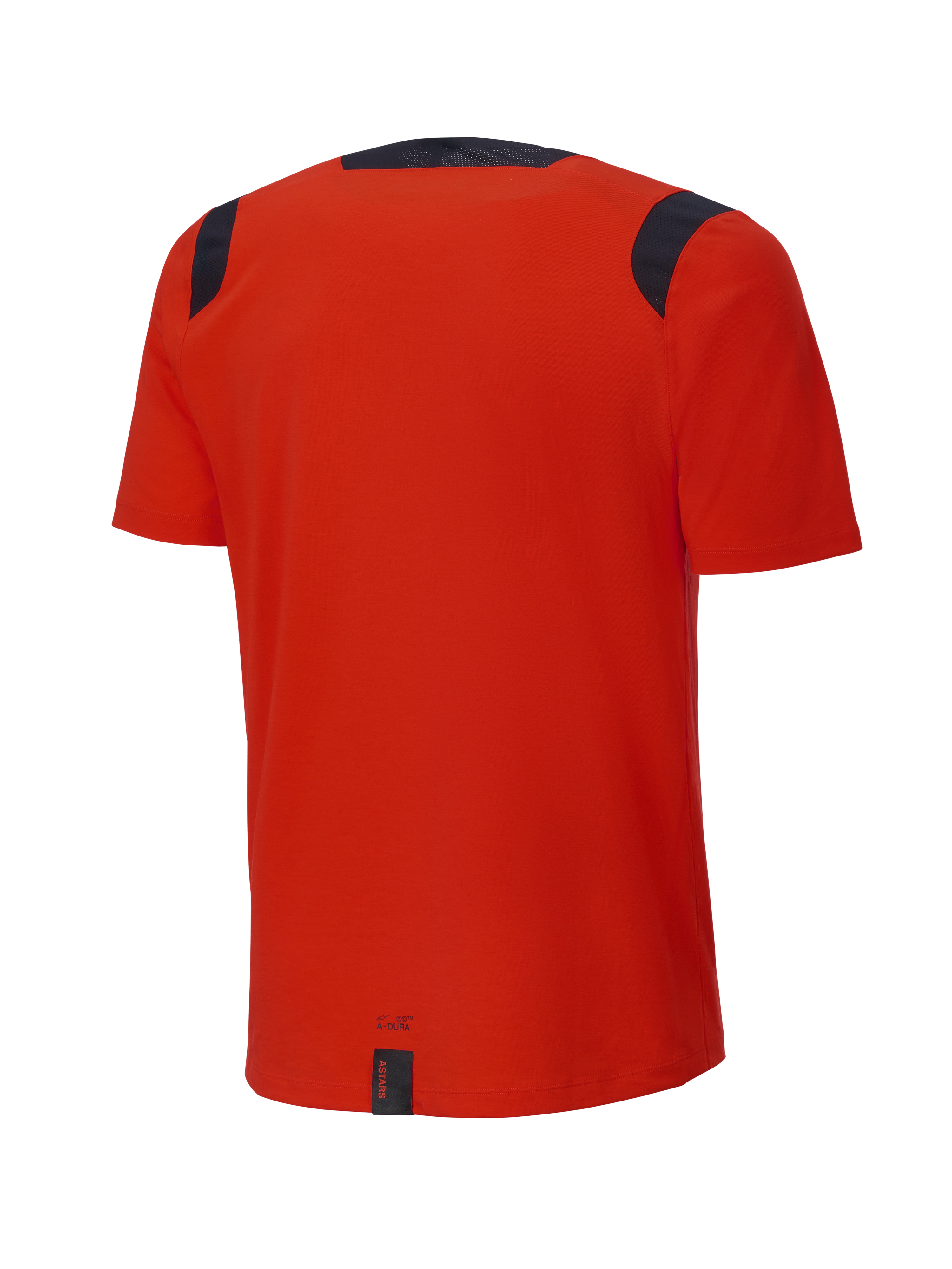 Alpinestars A-Dura Dri Wool Kurzarmtrikot, Spicy Orange, Rückansicht, mit schwarzen Mesh-Einsätzen an den Schultern und am Kragen, verlängerte Rückenpartie für zusätzliche Abdeckung beim Trailriding