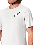 Alpinestars A-Aria Astar Jersey, Short Sleeve Cycling Jersey, White Dove, close-up view featuring a black Astar logo on the chest, breathable textured polyester material, lightweight performance fit for mountain biking
