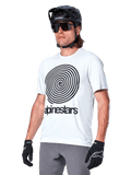 Alpinestars A-Dura Oscar Jersey - Short Sleeve, White Dove with black heritage spiral graphic and logo, worn with black MTB helmet and gloves, sporty performance mountain bike apparel