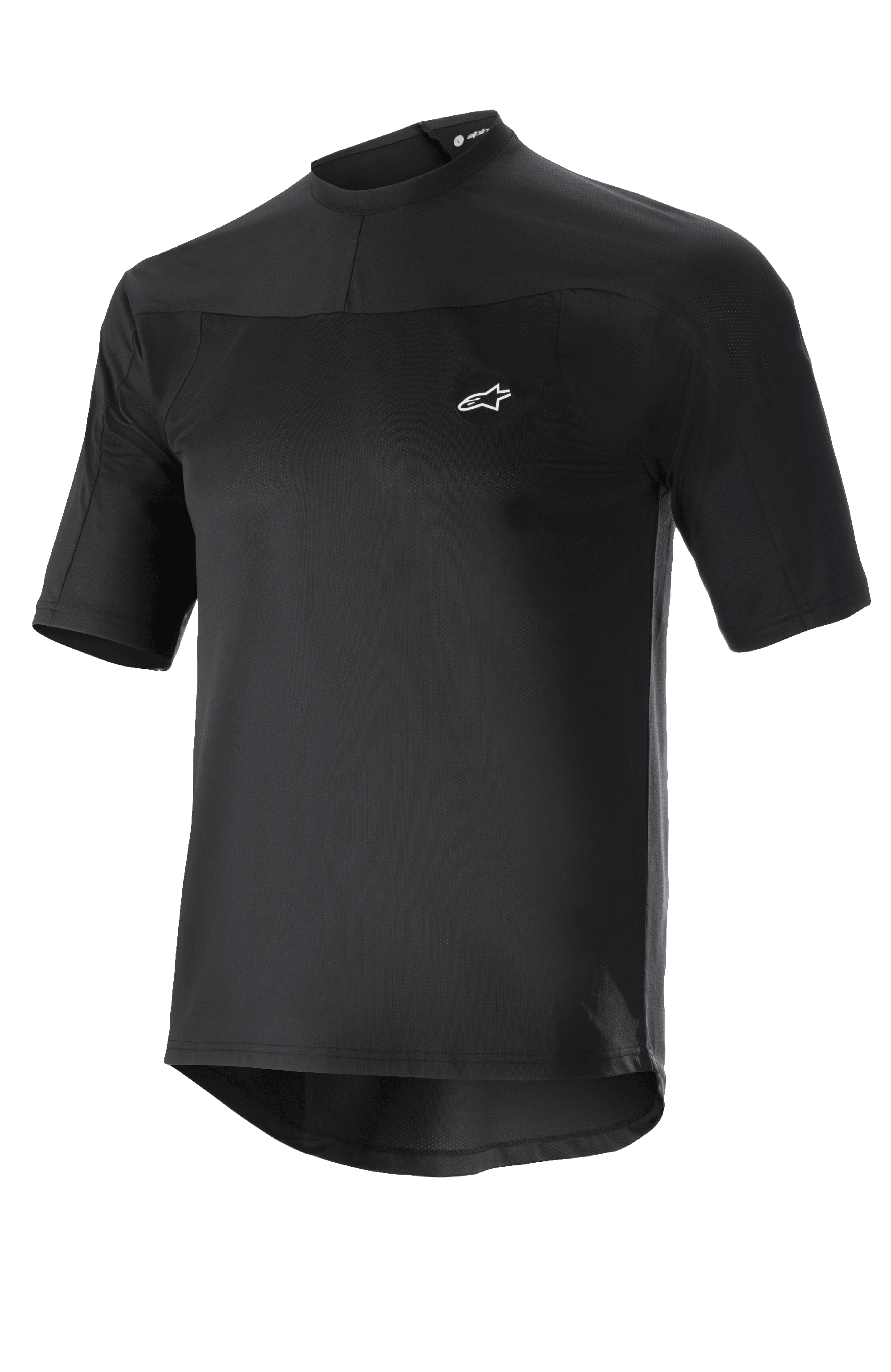 Alpinestars Drop Meta Jersey, Short Sleeve MTB Cycling Jersey, Black, lightweight mesh fabric, small white logo on chest, round collar, and extended tail for back coverage