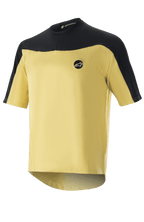 Alpinestars Drop Meta Jersey - Short Sleeve, MTB Cycling Jersey, Gold and Black, mesh construction with color-blocked shoulders, circular chest logo, and extended rear hem.