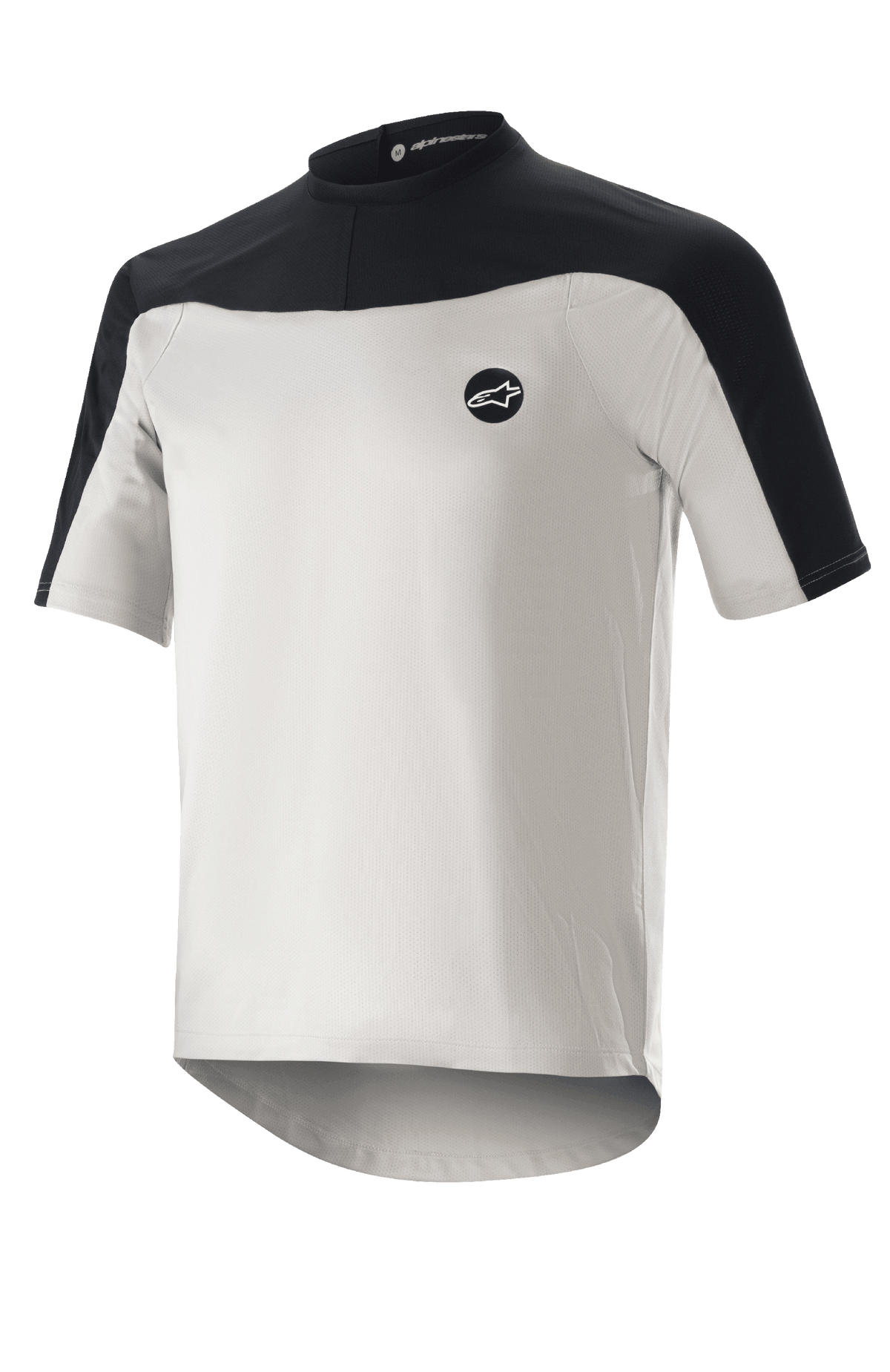 Alpinestars Drop Meta Kurzarm-Trikot, Mountainbike-Trikot, Hellgrau und Schwarz, atmungsaktive Mesh-Konstruktion, schwarze Schulterpasse, Rundhalsausschnitt, verlängertes Rückenteil für zusätzliche Abdeckung.