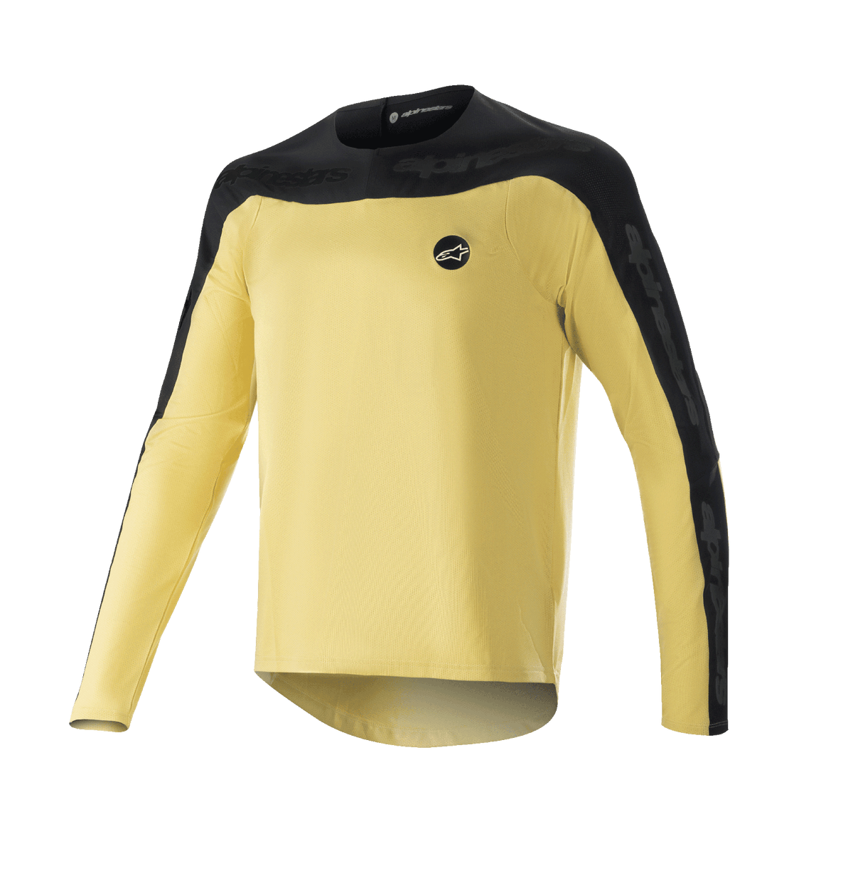 Alpinestars Drop Meta Long Sleeve Jersey, MTB Mountain Bike Jersey, Gold and Black, black shoulder yoke and outer sleeve panels, small circular logo on chest, lightweight breathable mesh fabric, extended drop tail hem