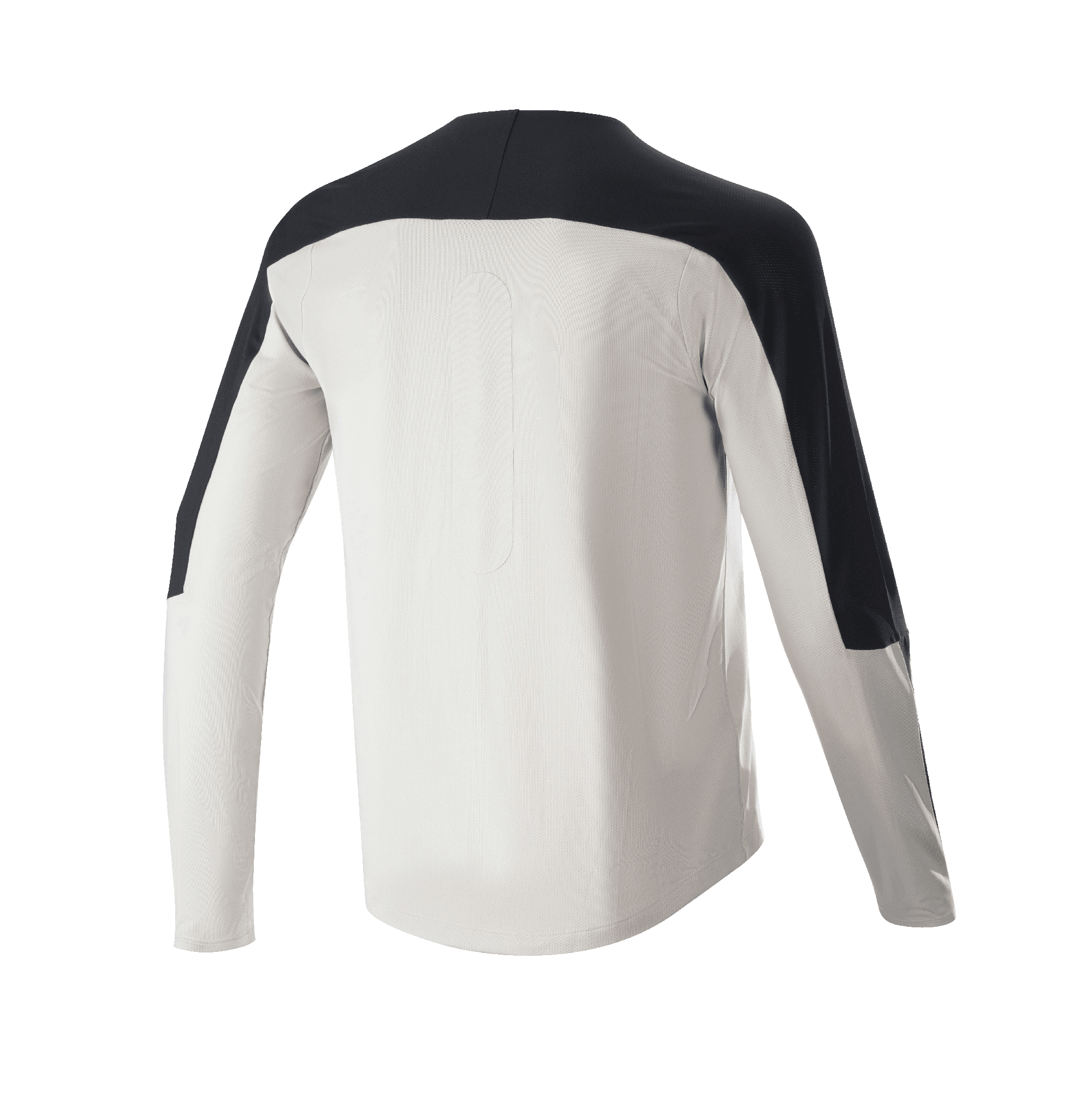 Alpinestars Drop Meta Jersey - Long Sleeve, MTB Jersey, Light Gray with Black accents on shoulders and sleeves, rear view showing extended tail, breathable mesh fabric for off-road cycling