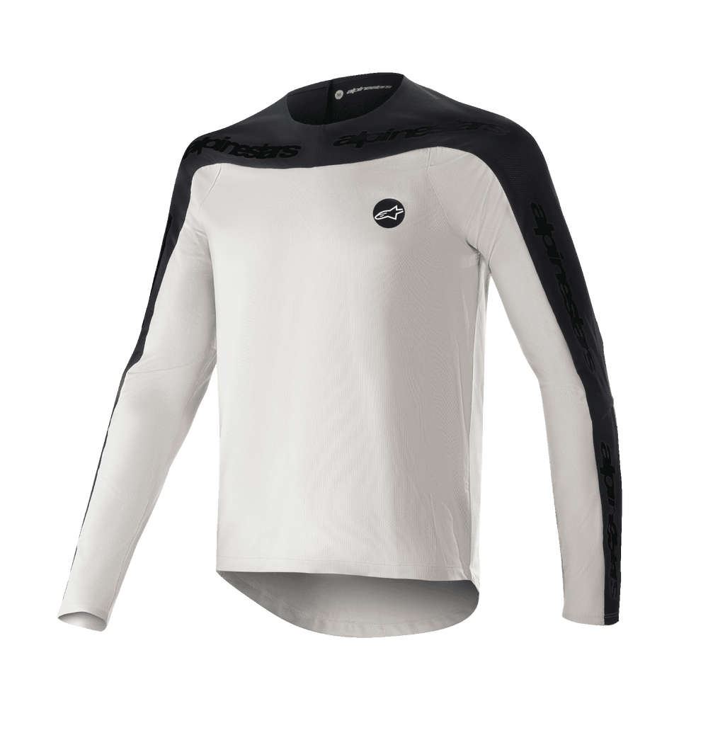 Alpinestars Drop Meta Jersey - Long Sleeve, MTB Mountain Bike Jersey, Light Gray and Black, featuring black shoulder yoke and outer sleeve panels with text branding, extended back hem for coverage, and circular logo on the left chest
