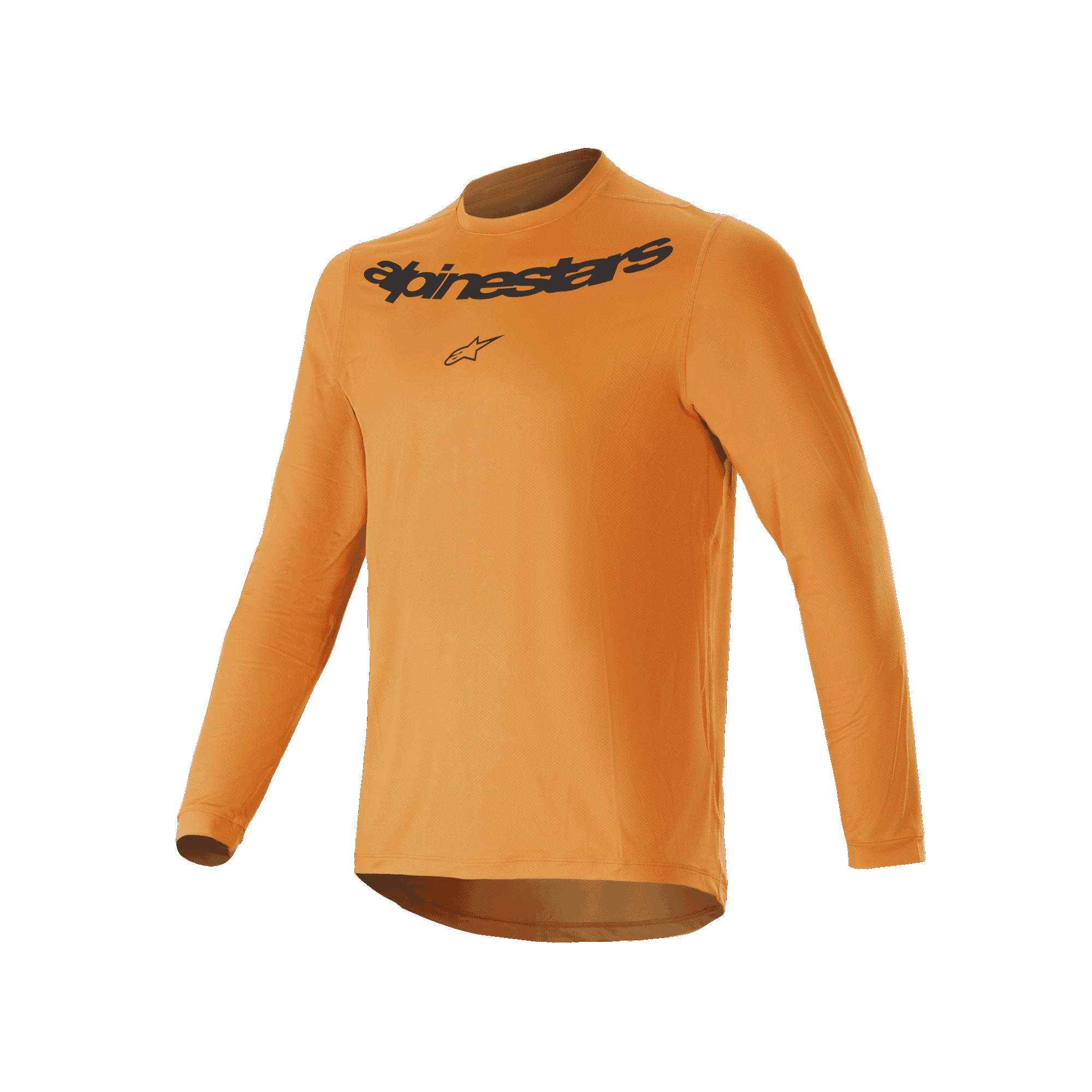 Alpinestars A-Dura Rocker Long Sleeve Jersey, Mountain Bike Jersey, Dark Gold, featuring black Alpinestars wordmark screen print on chest, lightweight jacquard fabric with drop tail, performance cycling activewear